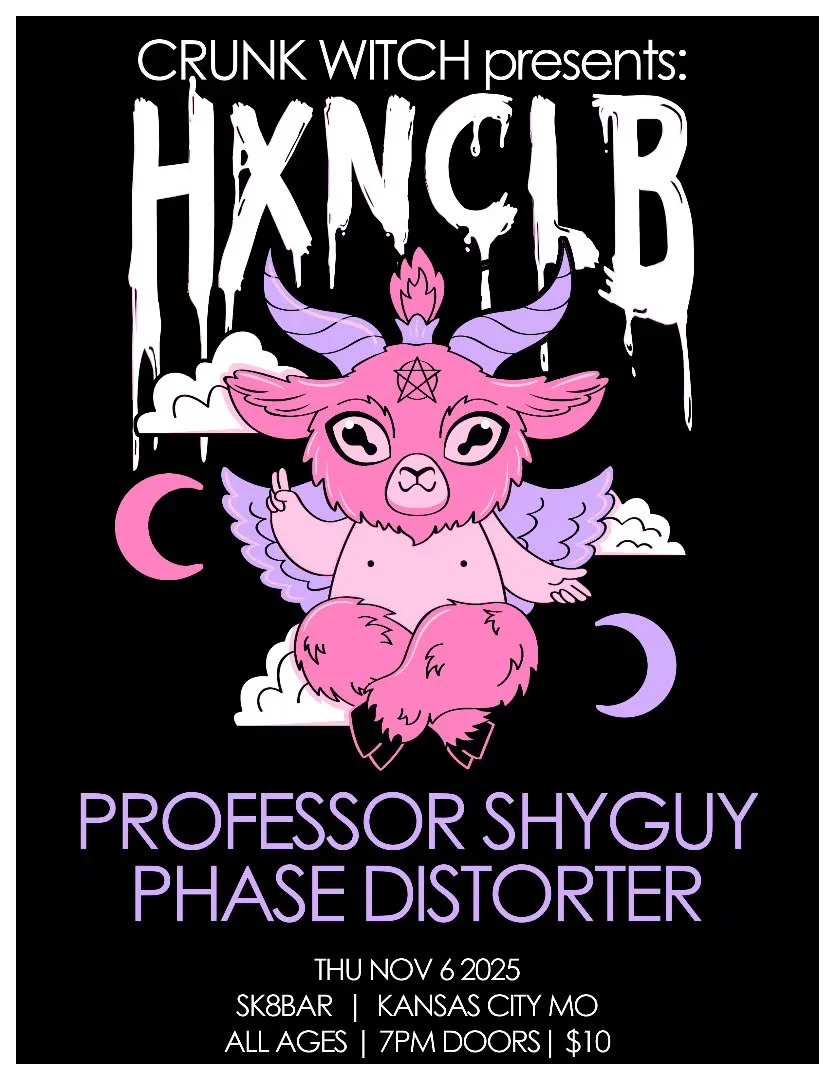 Come out Thurs and catch a great show featuring touring artist Crunk Witch with Phase Distorter and Professor Shyguy.  Check out their socials.  7pm