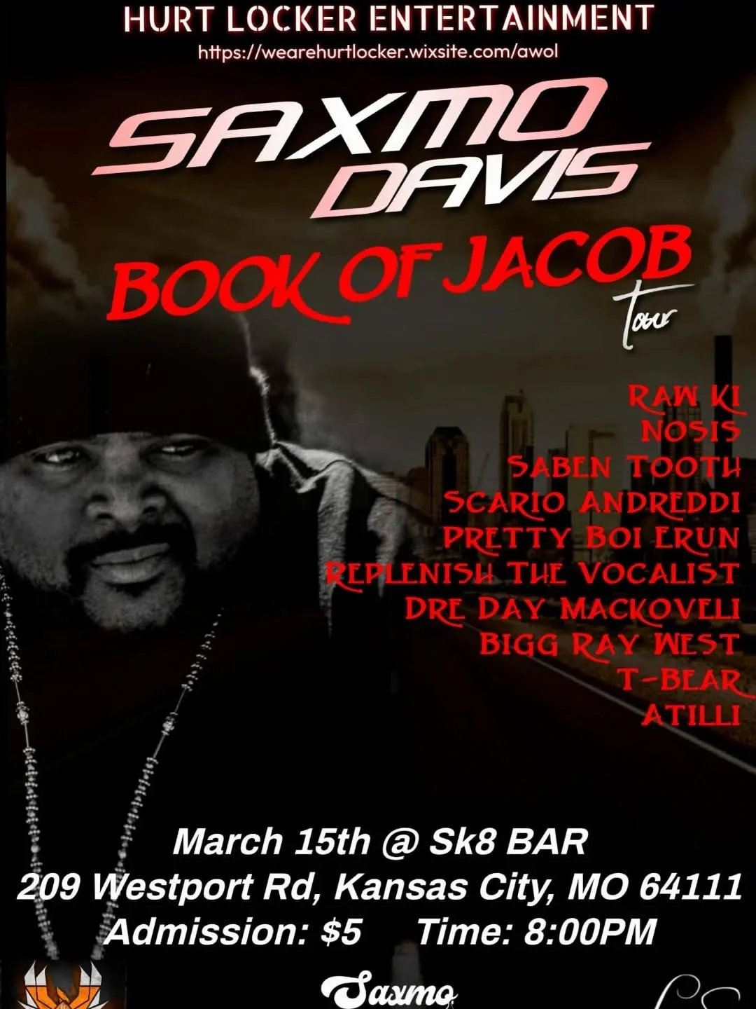March 15 at Sk8bar!  Saxmo Davis and a crew of other great artists!