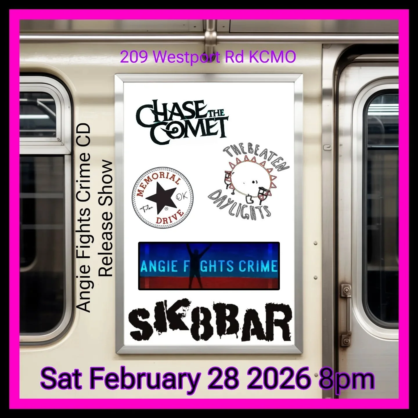 Touring bands The Beaten Daylights and Memorial Drive come in from Tulsa and Chase the Comet coming in from LA will join locals Angie Fights Crime for their CD Release Show!! It's going to be an awesome show come check it out.  Saturday February 28th