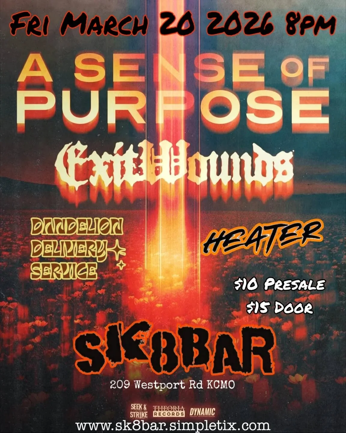 Awesome show announcement for March 20th!  A Sense of Purpose and Exit Wounds tour rolls into Sk8bar joining Dandelion Delivery Service and locals Heater!  8pm.