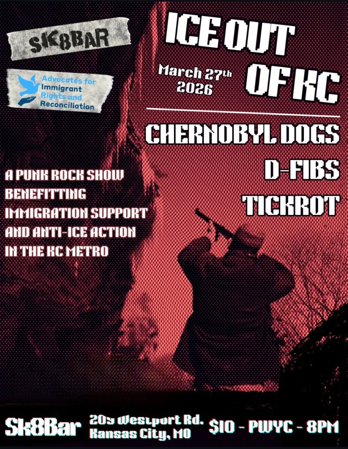 Come out tomorrow night for our benefit show for AIRR(Advocate for Immigrants rights and reconciliation!  8pm with all proceeds going to AIRR.  We have 3 great bands playing and promises to be a lot of fun!  We will raffle off a Sk8bar skateboard dec