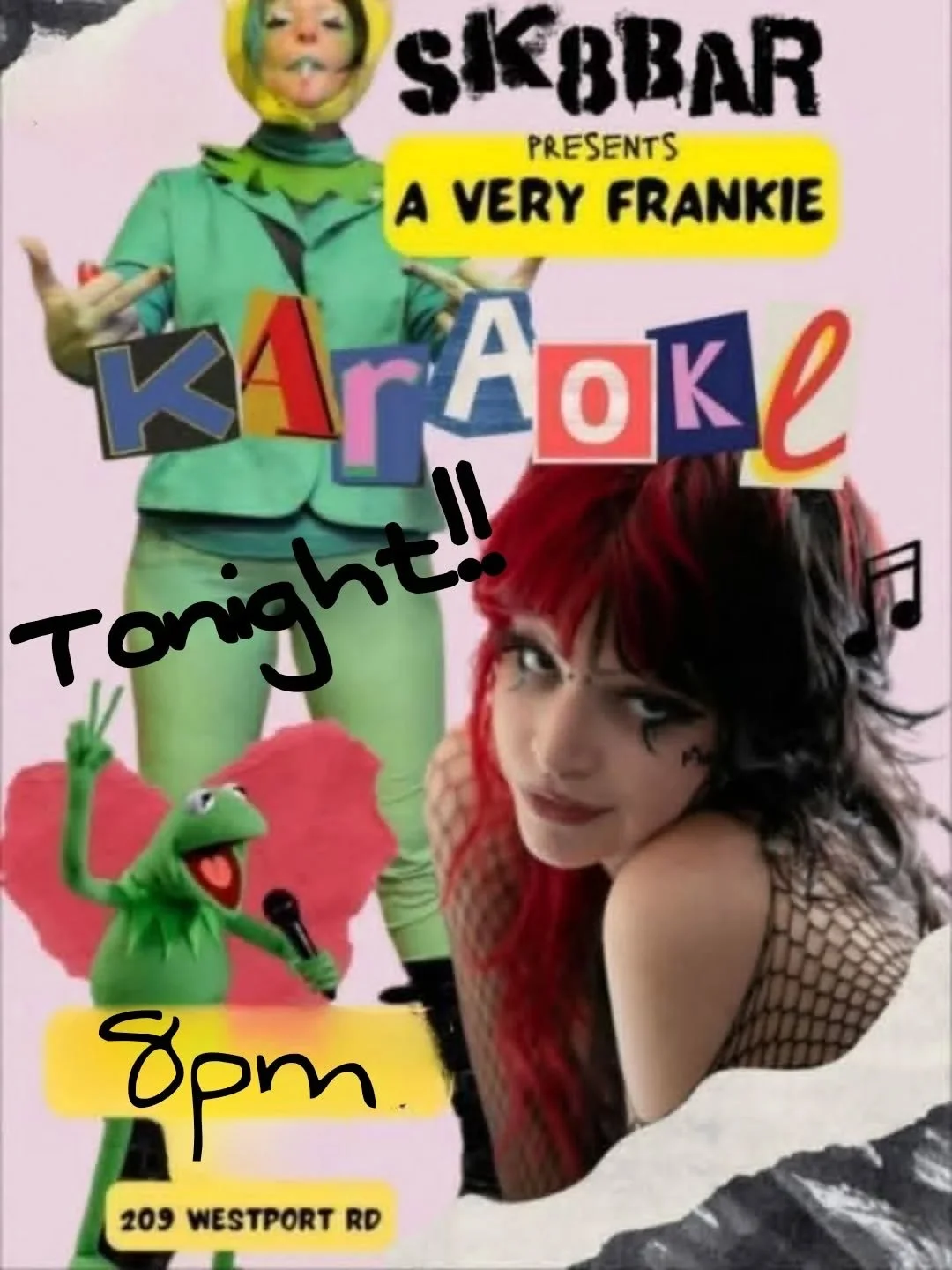 Sk8bar is back open!  The show is still cancelled but we have an early night of A Very Frankie Karaoke!  Starting at 8pm.  Free entry.  Sk8bar will open at 7pm tonight.