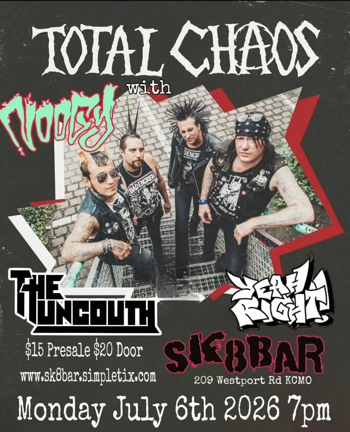 We are beyond excited to have Legendary Punk Rock band Total Chaos coming to Sk8bar!!! Ska punk band Noogy is on tour with them and locals The Uncouth and Yeah Right are on it as well.  What a friggin lineup!  Get your tickets while they last.  www.s