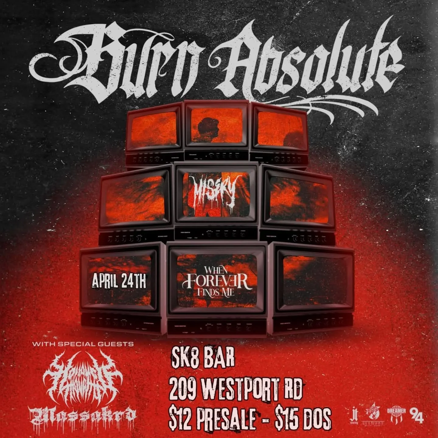 Tonight at Sk8bar!  7pm

Olympus Talent Agency + The Dreamer Agency presents:

Hollowed Thoughts
Massakrd
Misery
When Forever Finds Me

Doors @ 6 pm
Bands @ 7 pm

$12 Presale
$15 Day of show

SK8 BAR
209 WESTPORT ROAD
KANSAS CITY, MO