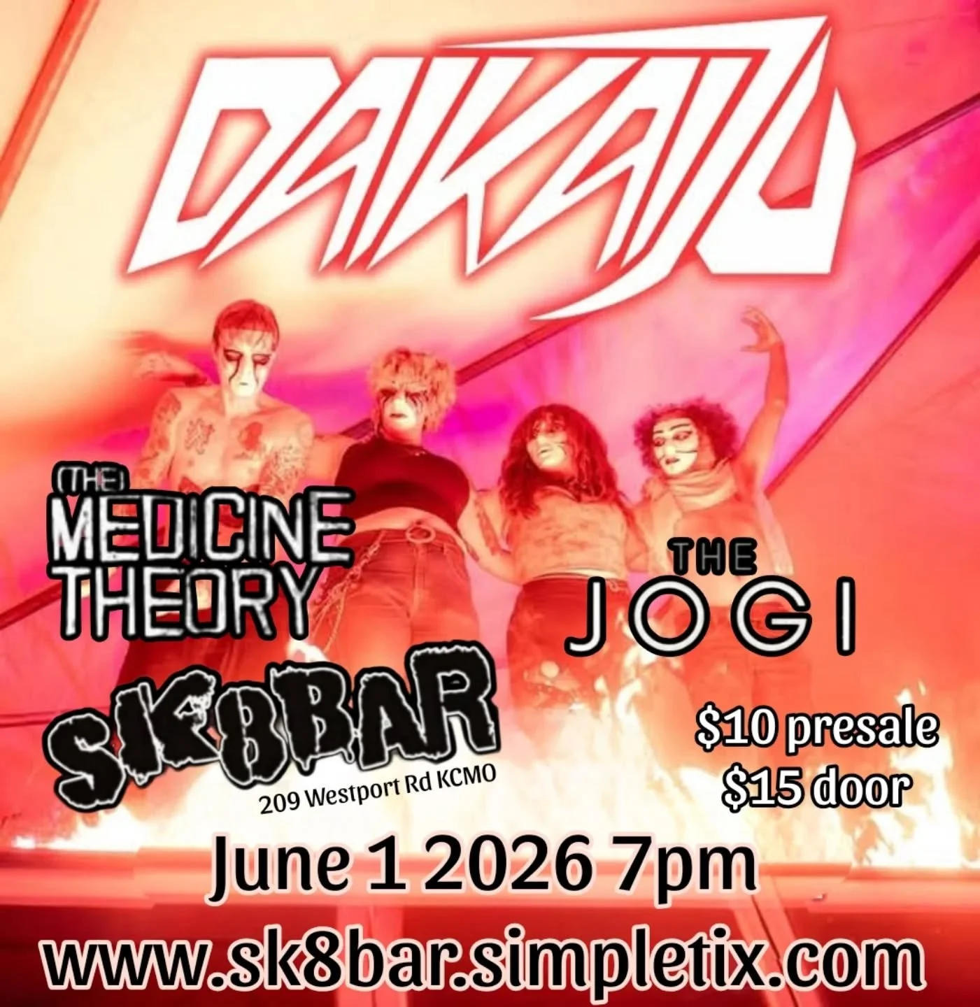 Just Announced:  Daikaiju is coming back to Sk8bar!! Locals (the)medicine theory and Jogi will be on the bill!  Presale tickets for $10 at www.sk8bar.simpletix.com or $15 at the door June 1st 2026.  Tickets available now.  7pm.  We'll see you there!