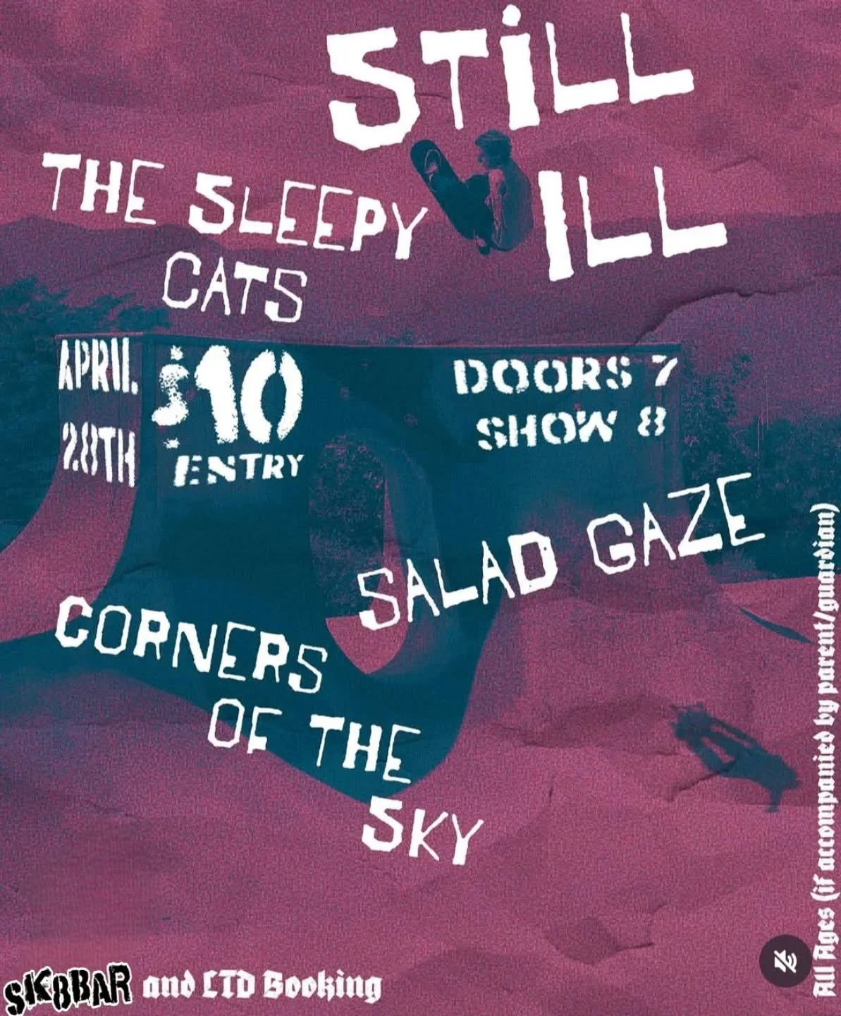 This Tuesday! Looking forward to seeing Still Ill, Salad Gaze, Corners of the Sky, and The Sleepy Cats!  8pm. $10