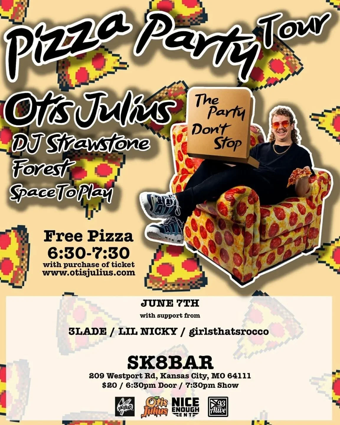 Otis Julius and DJ Strawstone are back at Sk8bar!  First time at KC location.  Check them out and many other great artists on this bill.  Free pizza from 630 to 730!!! It's a pizza party.  Always enjoy partying with these guys.  See you tonight!  730