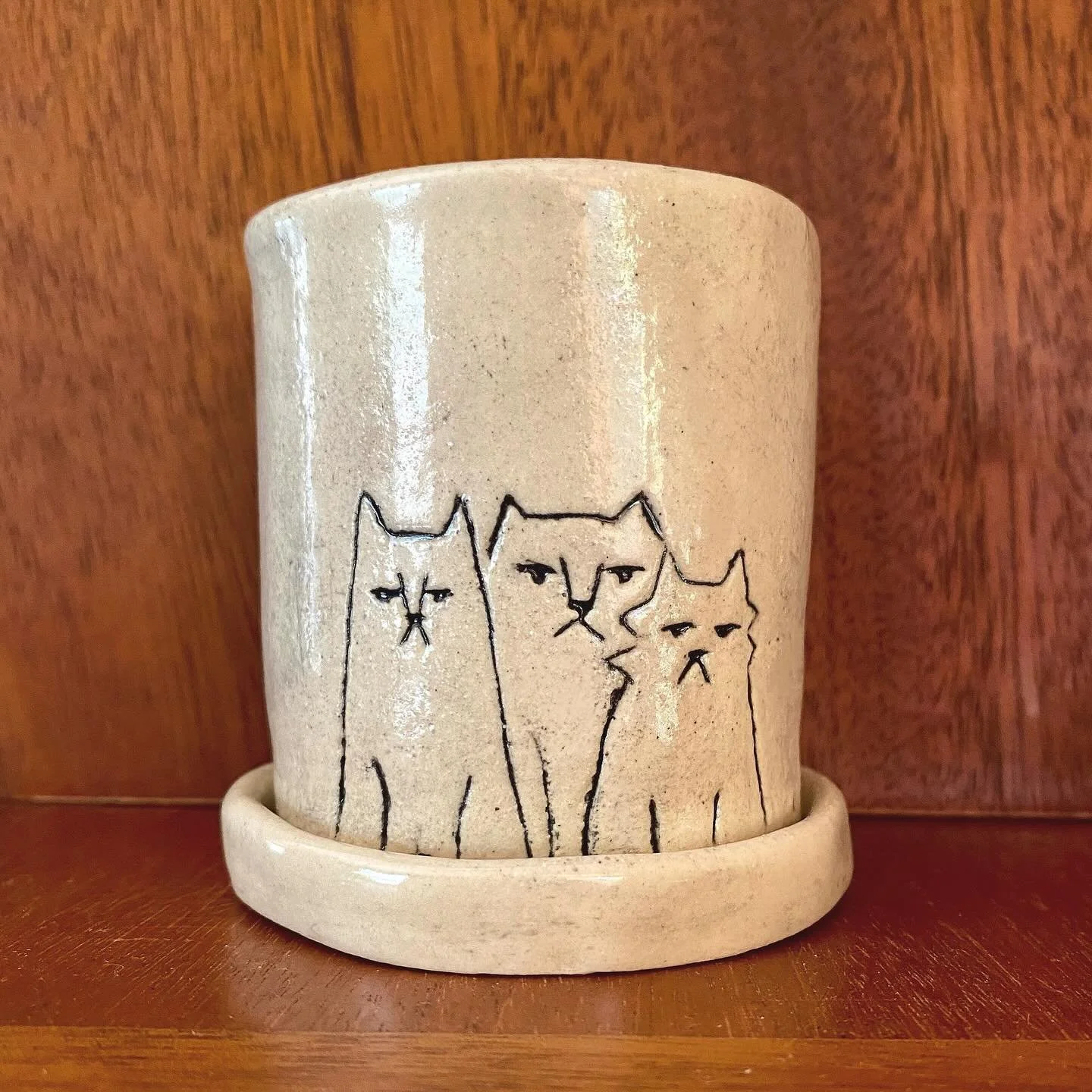Ceramic cat plant pot with matching cats.