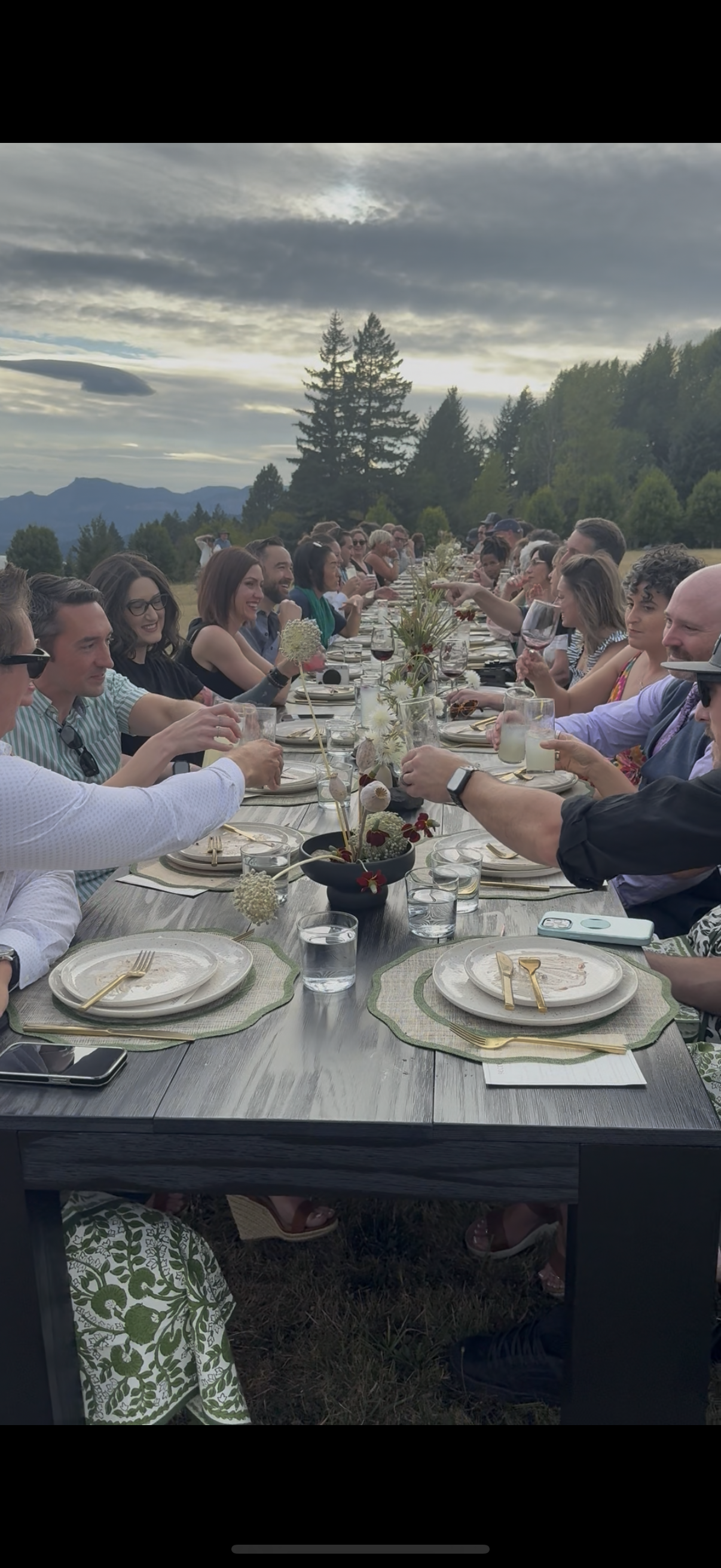 People gathered around a long dinner table outdoors during daytime, with mountains and trees in the background, enjoying a meal and drinks.