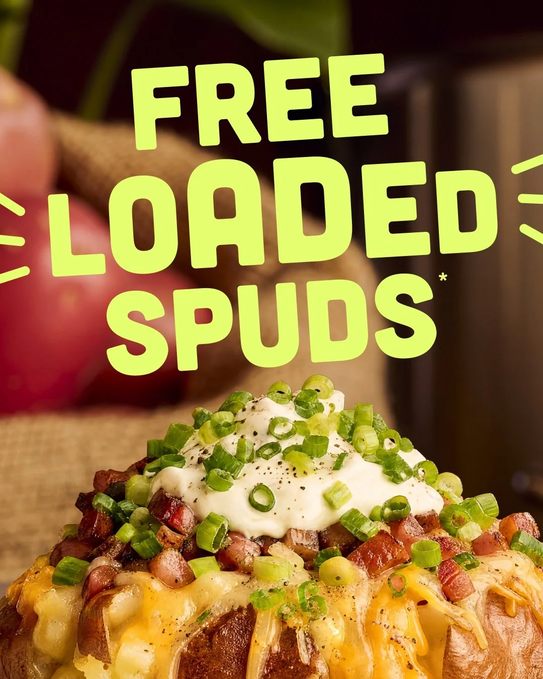 DON&rsquo;T BE A SPUD
We're giving away 1000 FREE LOADED SPUDS. Missed out on your free spud? Don&rsquo;t fret, spuds are HALF PRICE for the rest of the day! 

19th August - All SpudBAR stores, until spuds run out.