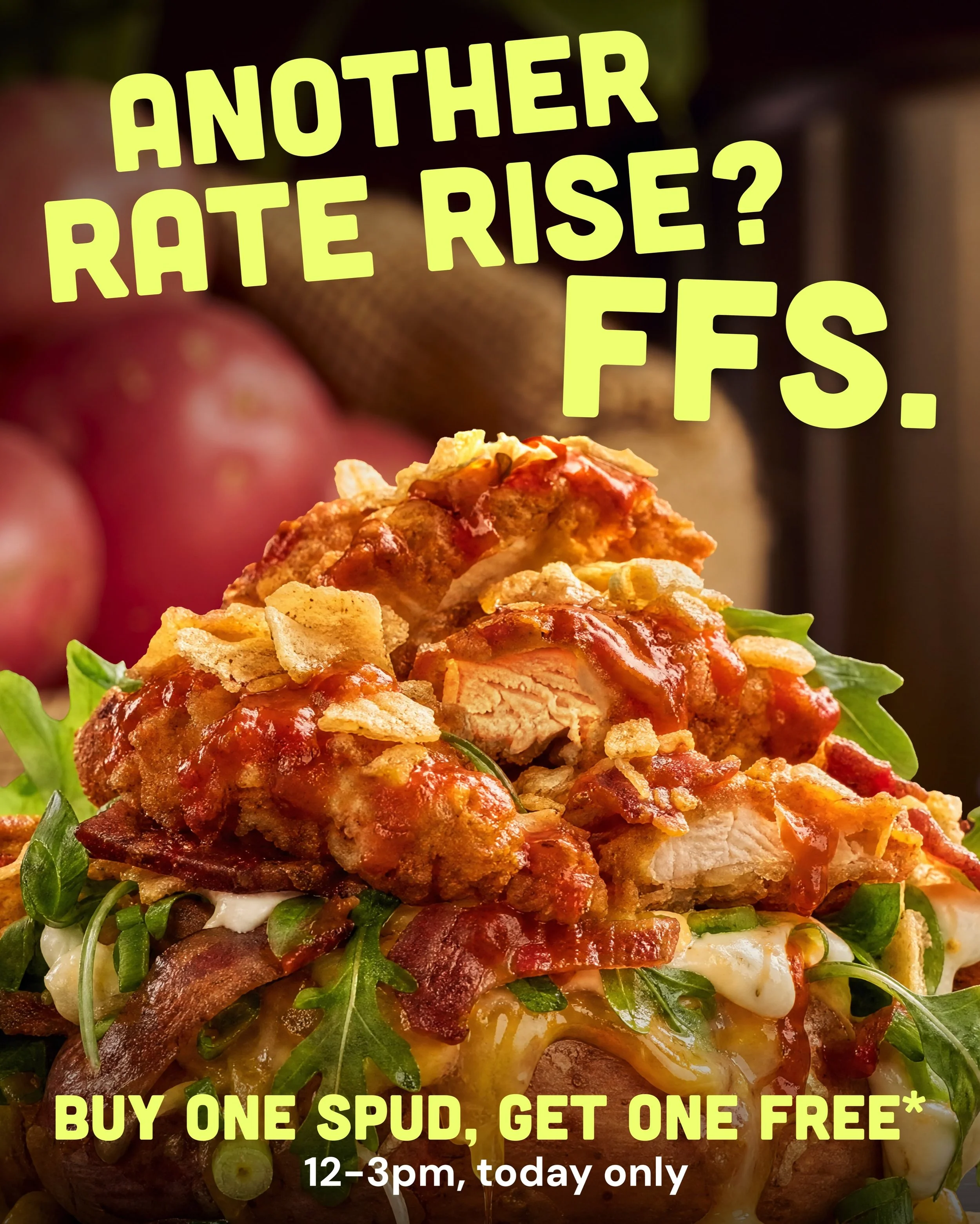 We can't fix your mortgage. But we can fix lunch.
Buy one spud, get one free.* 
30th September, 12&ndash;3pm only.

Online orders only. Order through the link in bio, use code FFS at checkout.

*T&amp;Cs: Pick-up only from any SpudBAR location while 