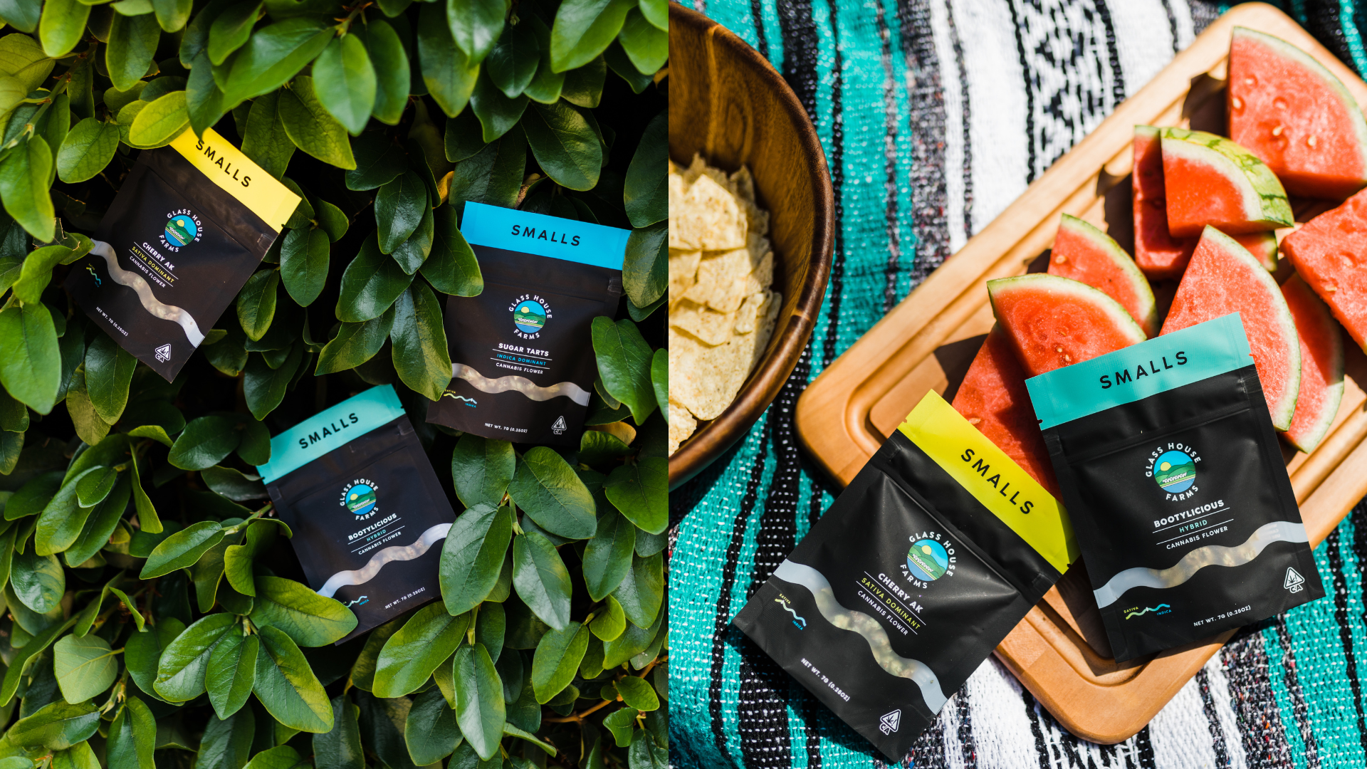 Three bags of cannabis flower from Glass House Farms in front of leafy green plants on the left, and on the right, a wooden platter with sliced watermelon and a bag of cannabis flower on a colorful cloth