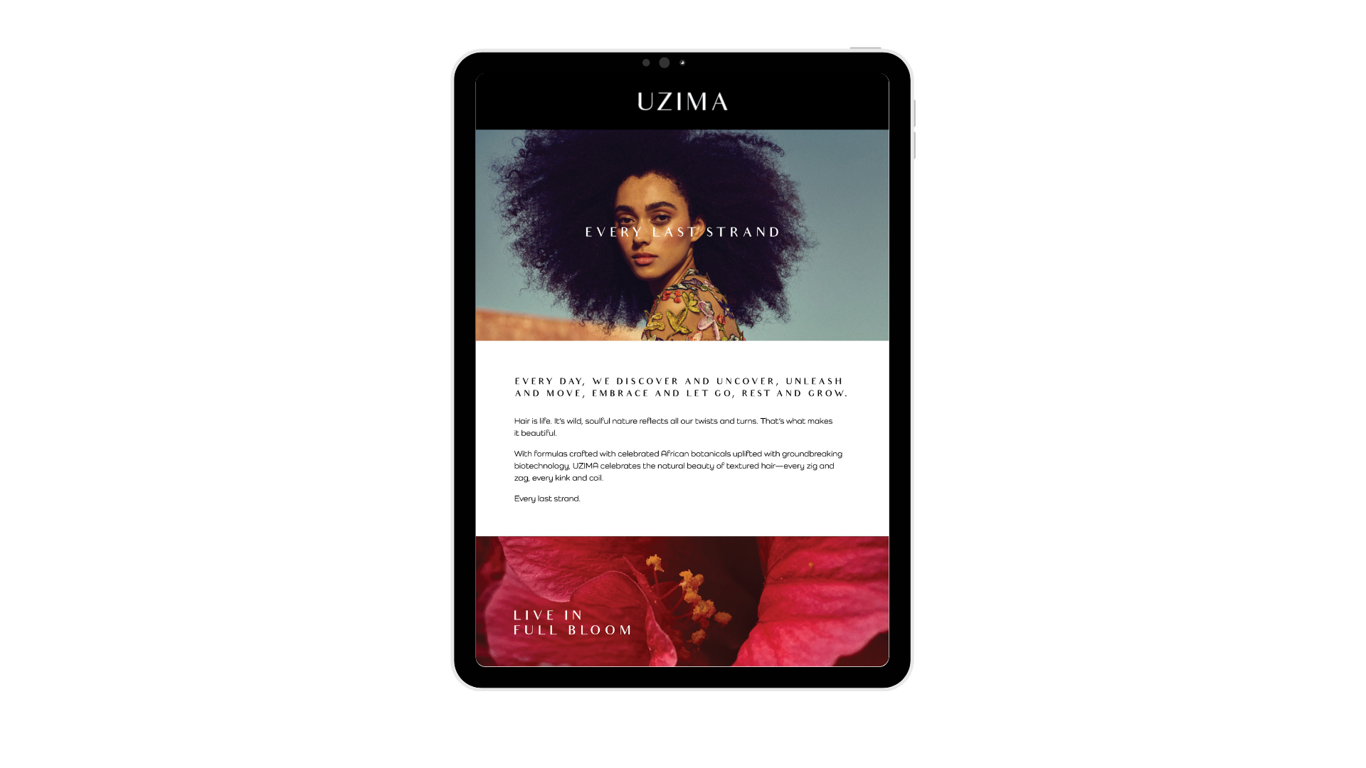 A tablet displaying a webpage with the title 'UZIMA' and a woman with natural curly hair under the headline 'Every Last Strand'. The page includes text about embracing natural hair and botanical hair care, and an image of a red-pink flower with the c