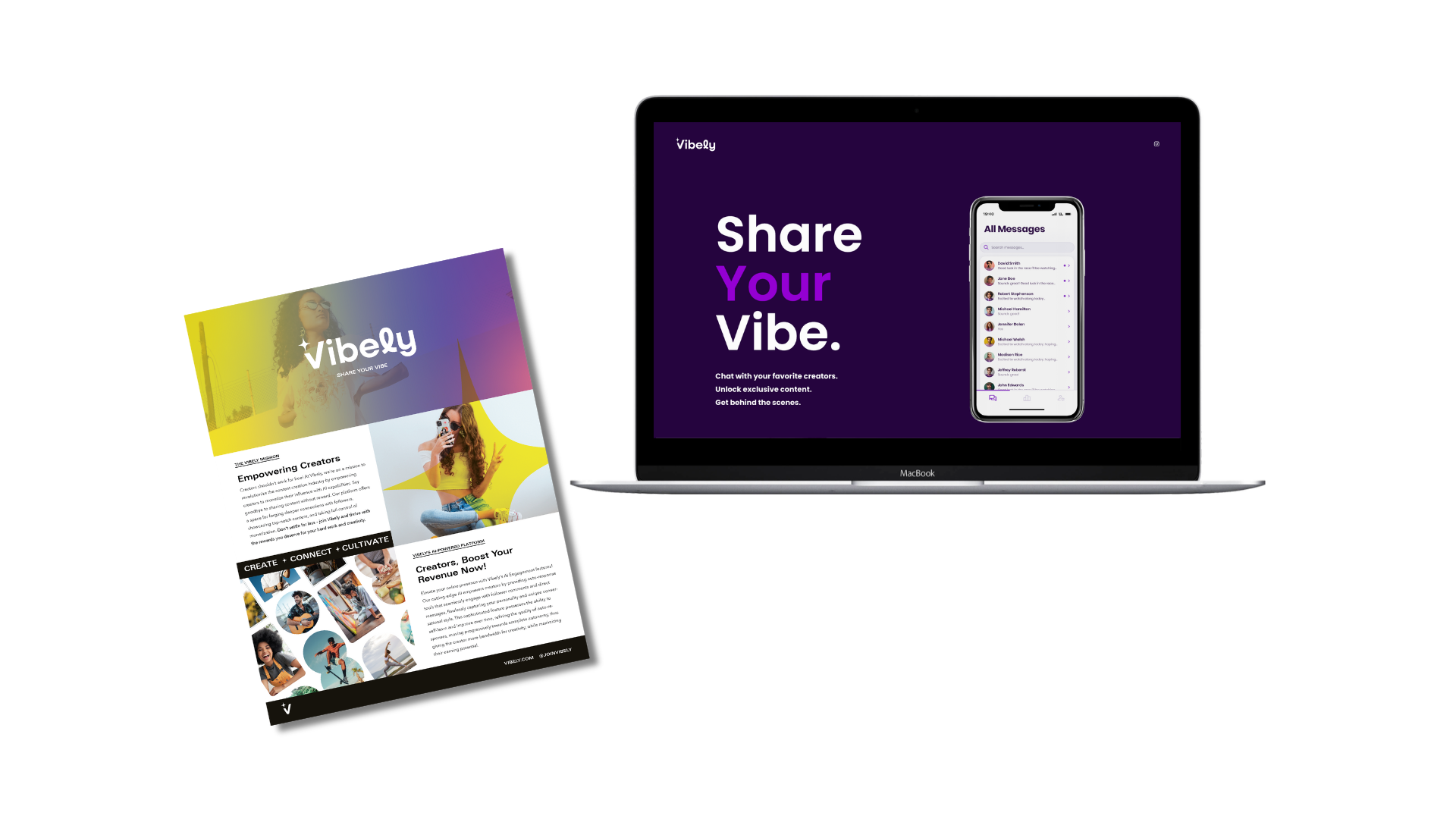 Digital promotional images for Vibely platform, one on a MacBook displaying the app and the other as a colorful flyer highlighting features for creators.