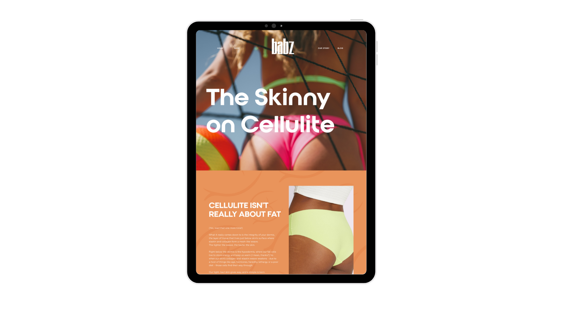 Tablet displaying a webpage about cellulite, featuring a woman in pink sportswear in an outdoor setting, with text about cellulite not being about fat and a close-up of legs in lime green shorts.