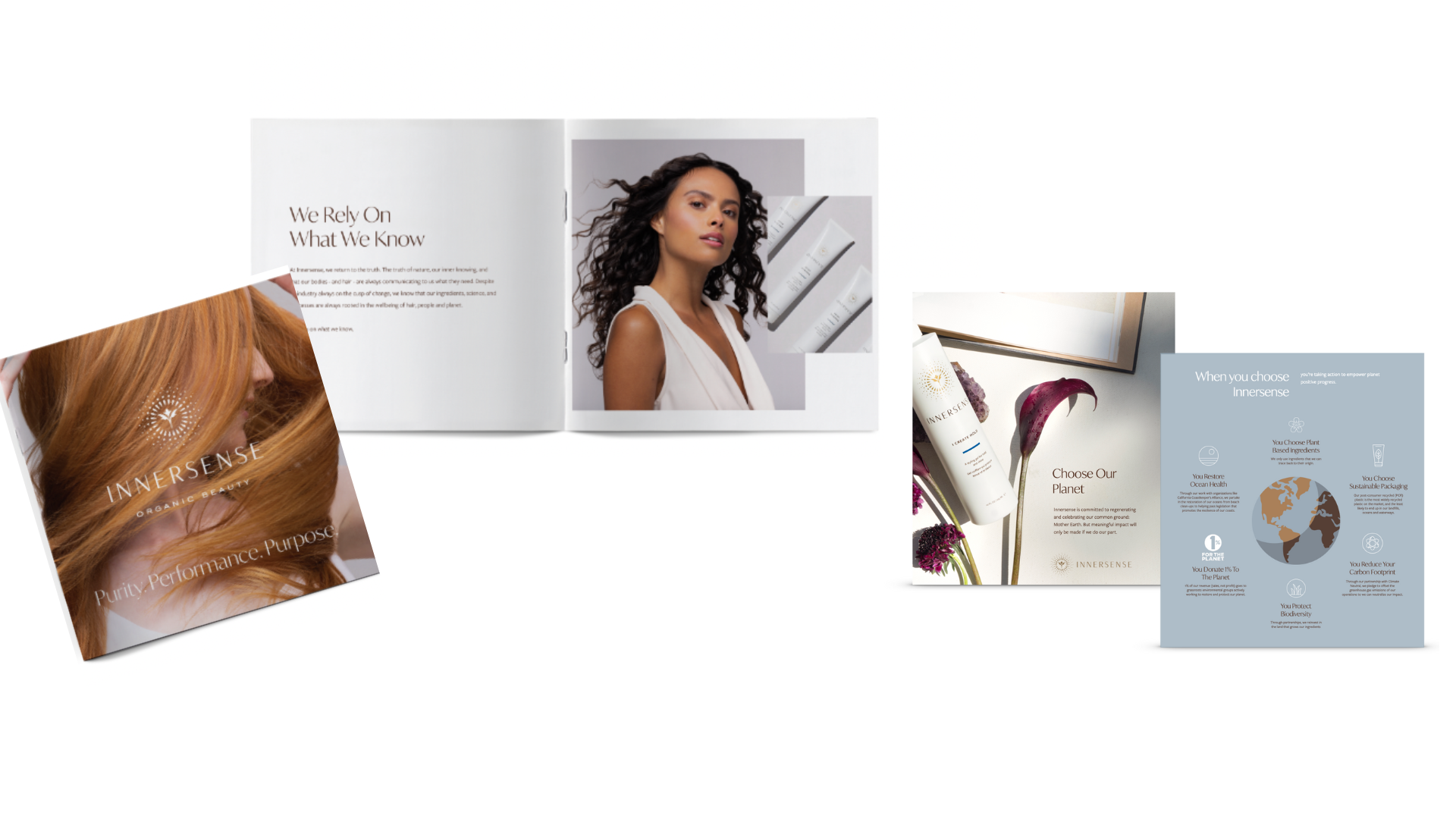 Collage of promotional material for Innersense Organic Beauty, including a brochure with a woman in white, a close-up of a red-haired woman with the Innersense logo, a health and sustainability flyer, and product images with flowers.