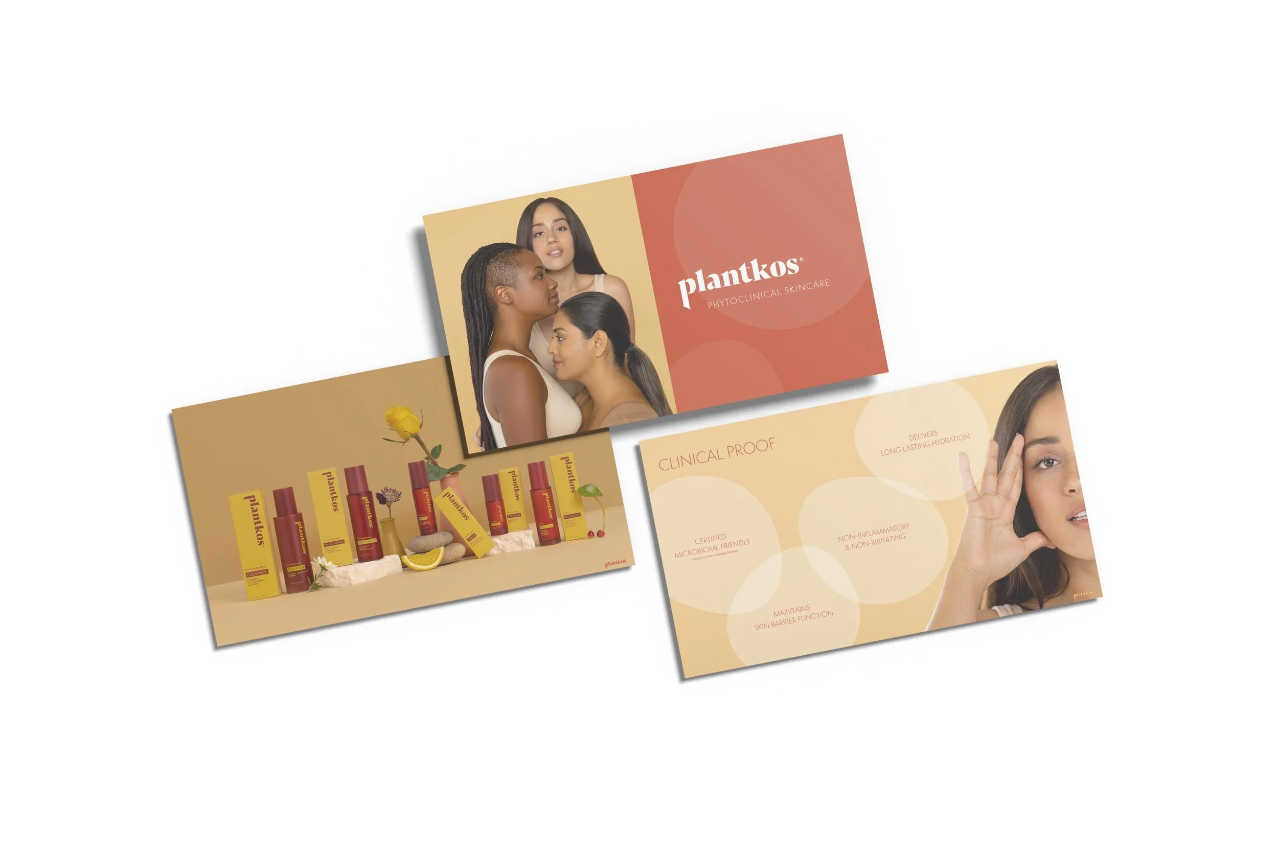 Promotional display for Planktak skincare products featuring bottles and packaging, with a backdrop of a woman making a gesture with her hand near her face, emphasizing skincare benefits.
