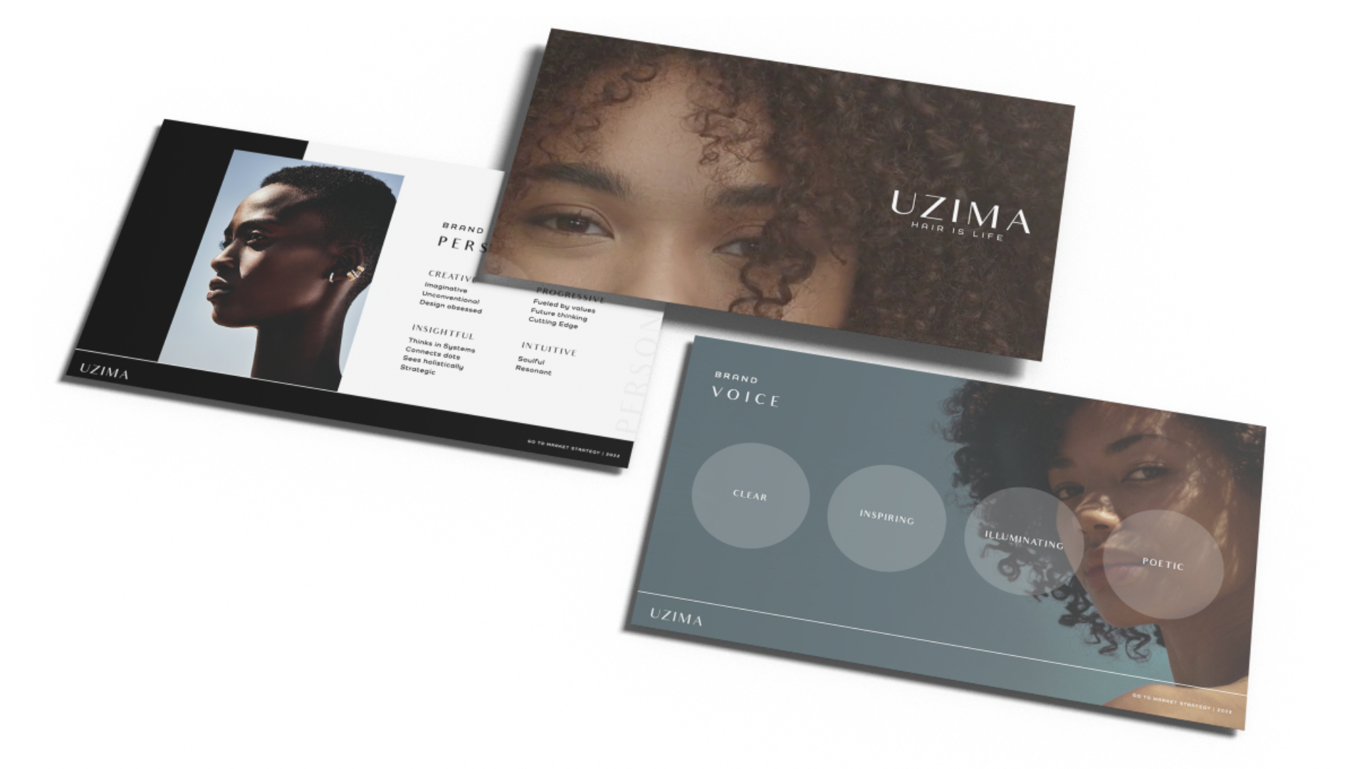 Brochures and flyers featuring models with curly hair, branding for Uzima hair products, highlighting hair qualities like wisdom, voice, and personality.