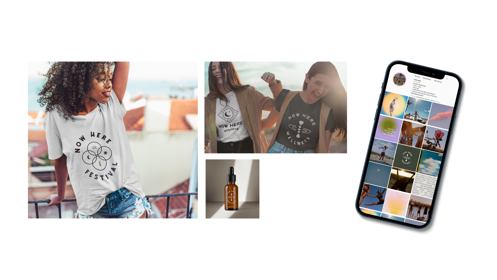 A collage of images featuring people enjoying a festival, wearing T-shirts with a "Now Here Wellness" logo, a bottle of wellness serum, and a smartphone displaying an Instagram profile of the event.