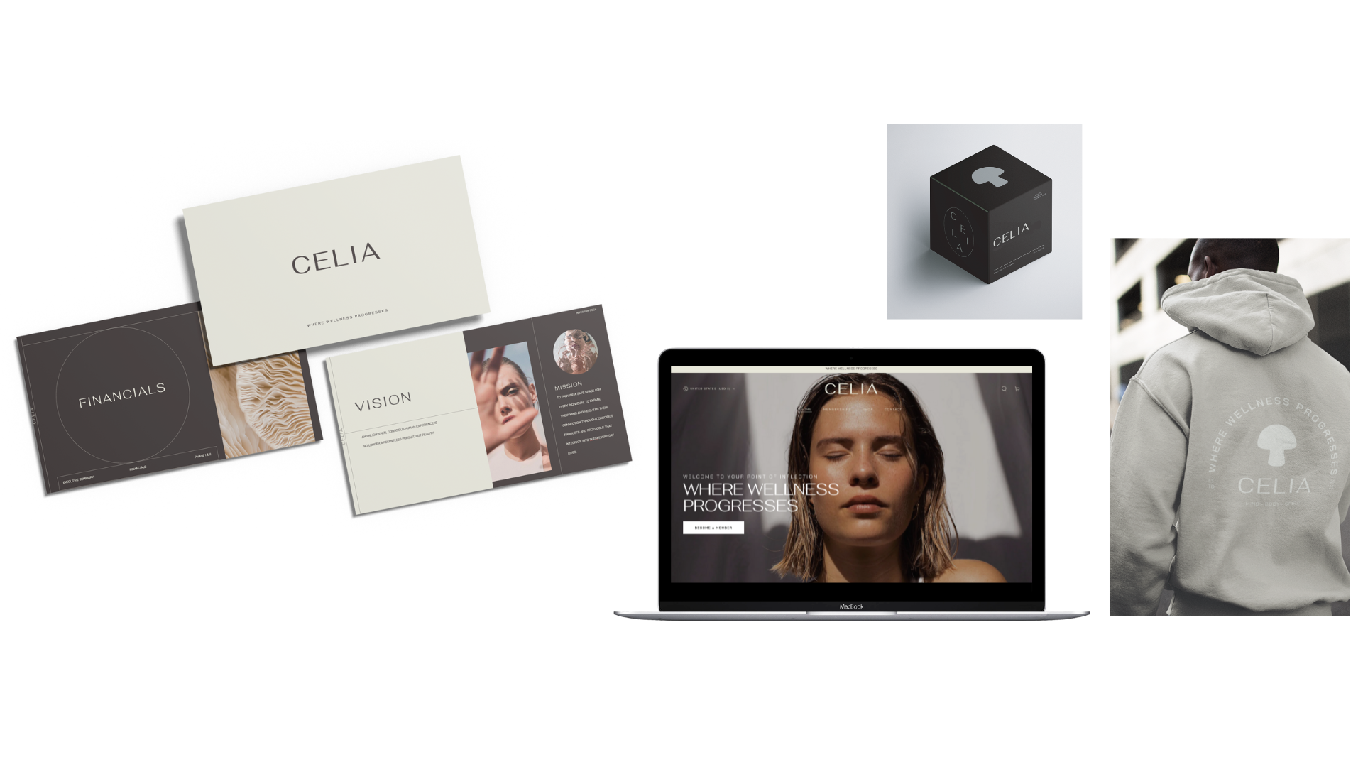 A collection of branding materials including a laptop displaying a wellness website, a hoodie with a logo, business cards, folders, and branded packaging with the logo and the words "Celia" and "Where Wellness Progresses.
