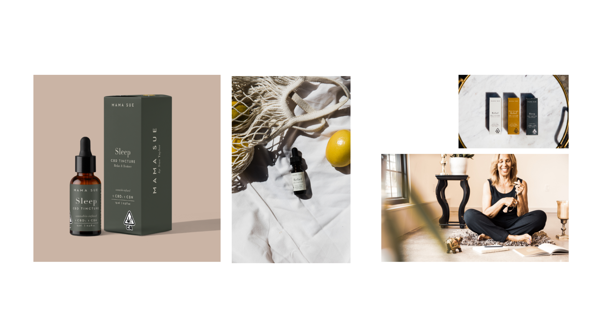 A CBD sleep tincture product, a dropper bottle, and packaging, with a woman sitting cross-legged on the floor, smiling, in a cozy room with a side table, window, and decorations, along with various CBD products and a crate with a lemon and a smaller 