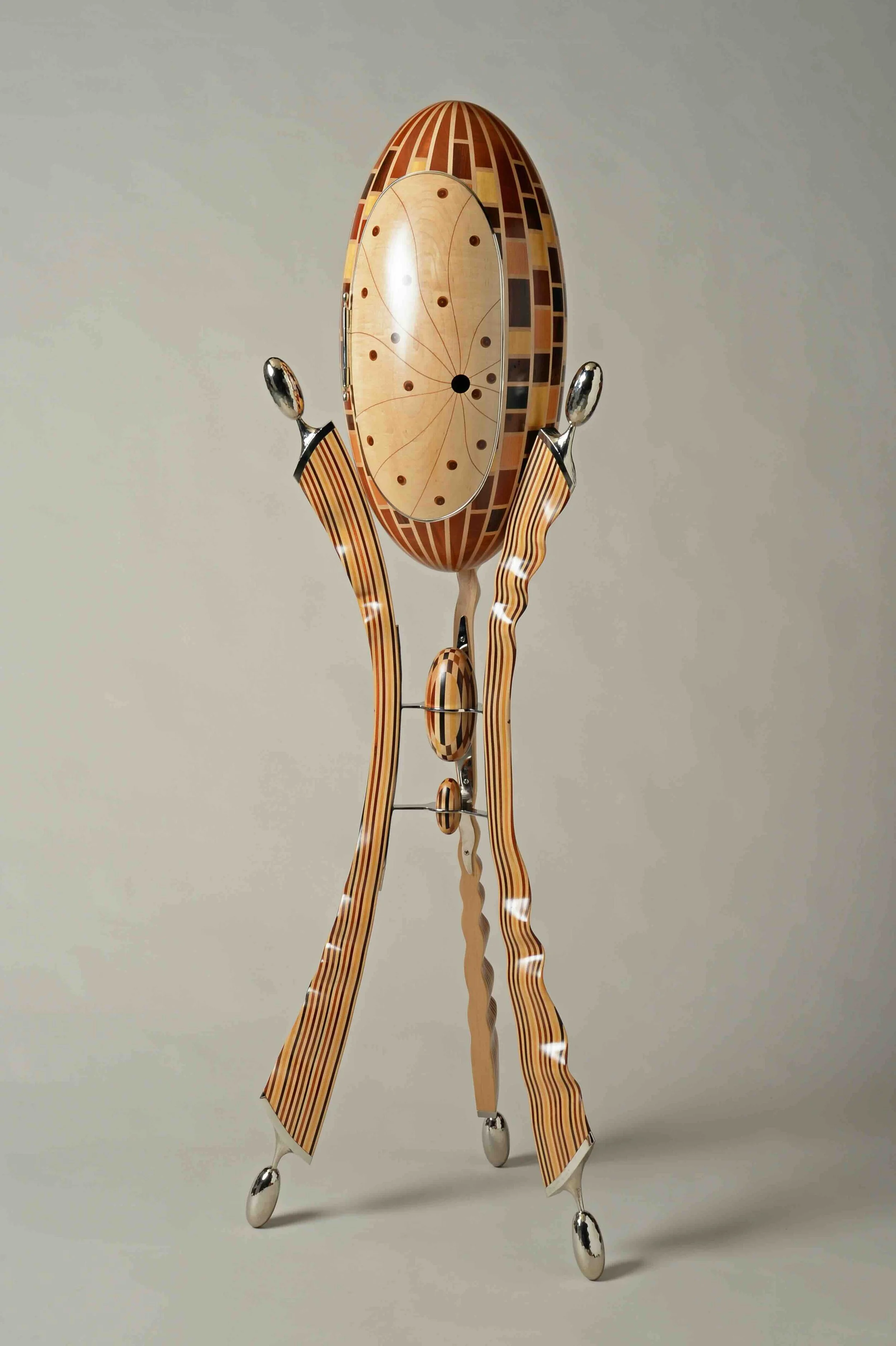 Mosaic Watermelon (2015): Maple, Fir, Bloodwood, Ebony, Rosewood, Walnut, Yellow Heart, Mahogany, nickel-plated brass & bronze || AWARDS: Award of Excellence: Sonoma County Woodworkers Association || Image by Don Russell