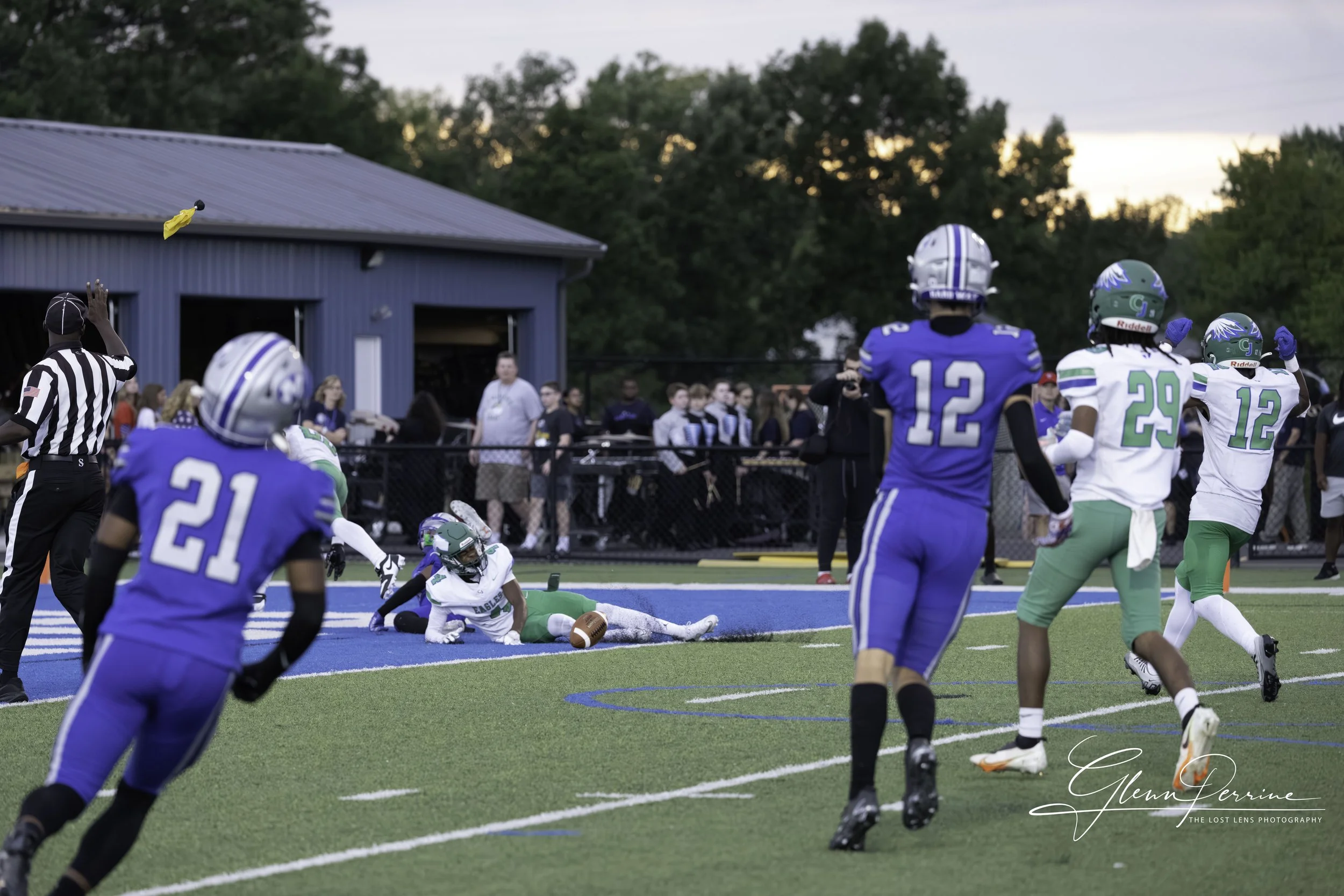 Football game with players from team in white and green and team in blue on a synthetic turf field, with a referee and spectators in the background, during early evening.