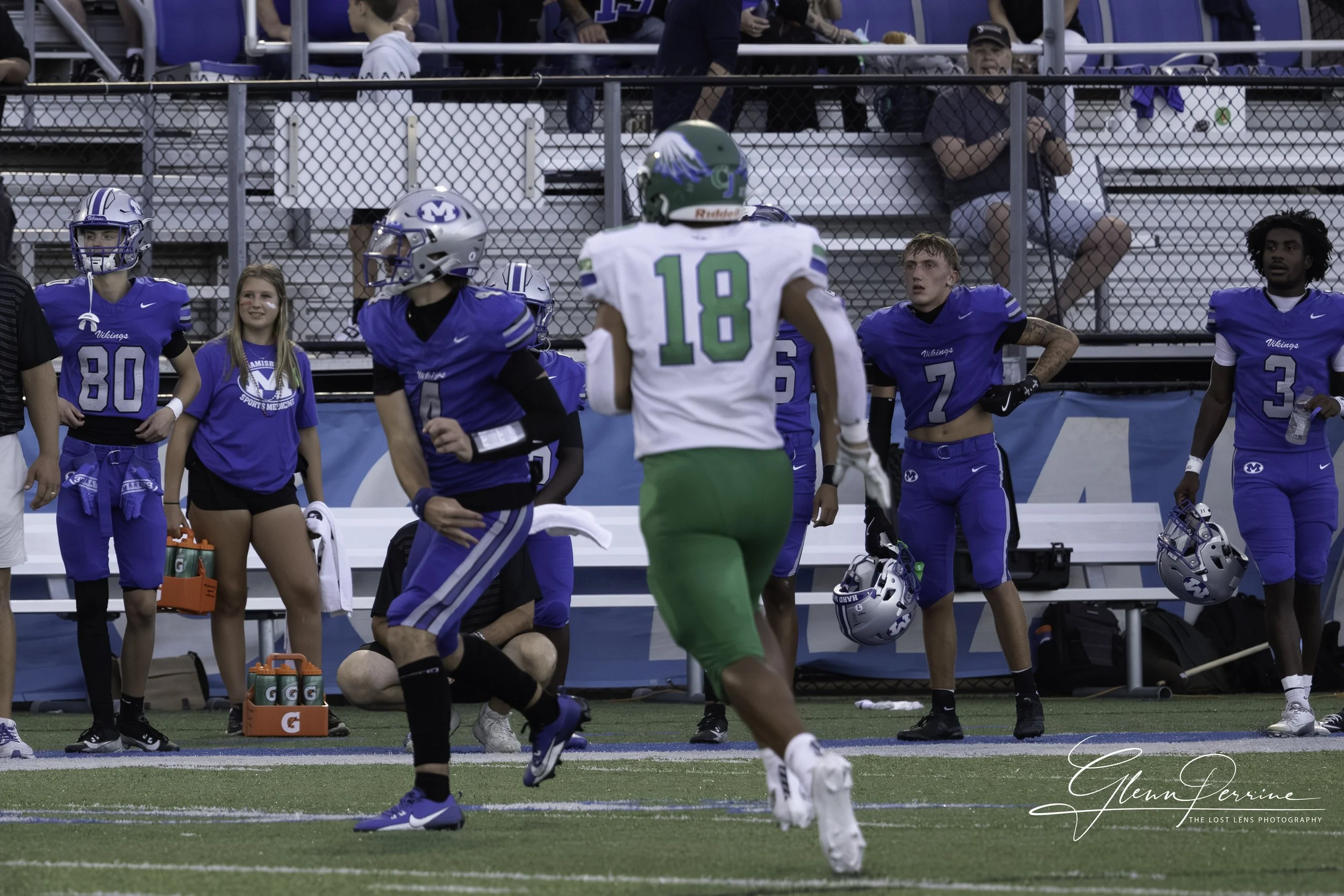 A football game with players on the field, including one with a green and white uniform and others in blue, with spectators in the background.