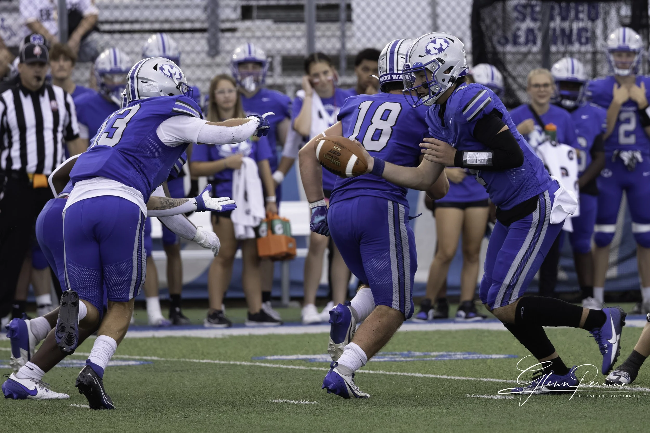 A football game with players in blue uniforms. One player is holding the football while another player is blocking. The background has spectators and cheerleaders.
