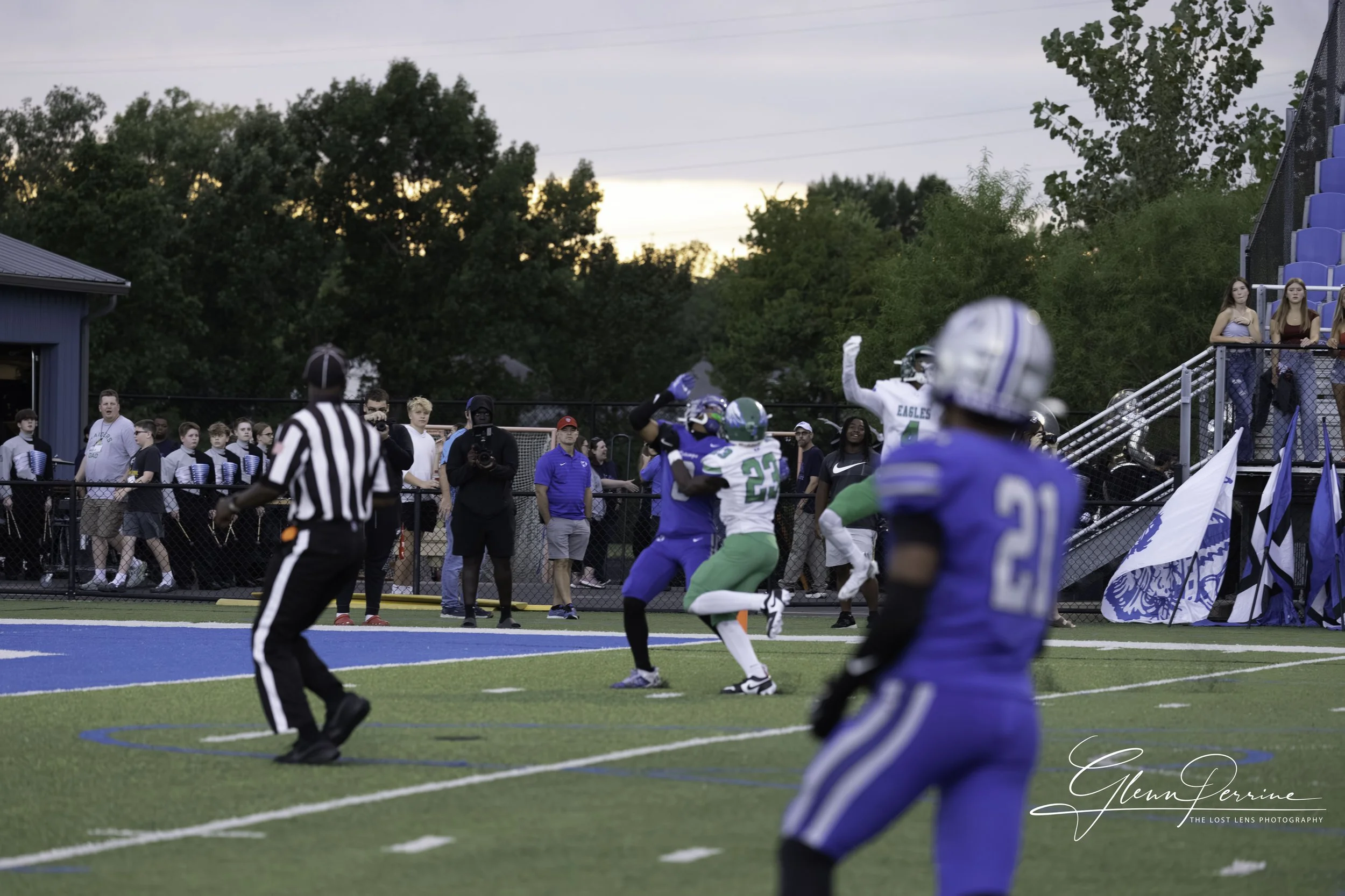 American football game with players in action on the field, referee, spectators in the background, and a sunset sky.