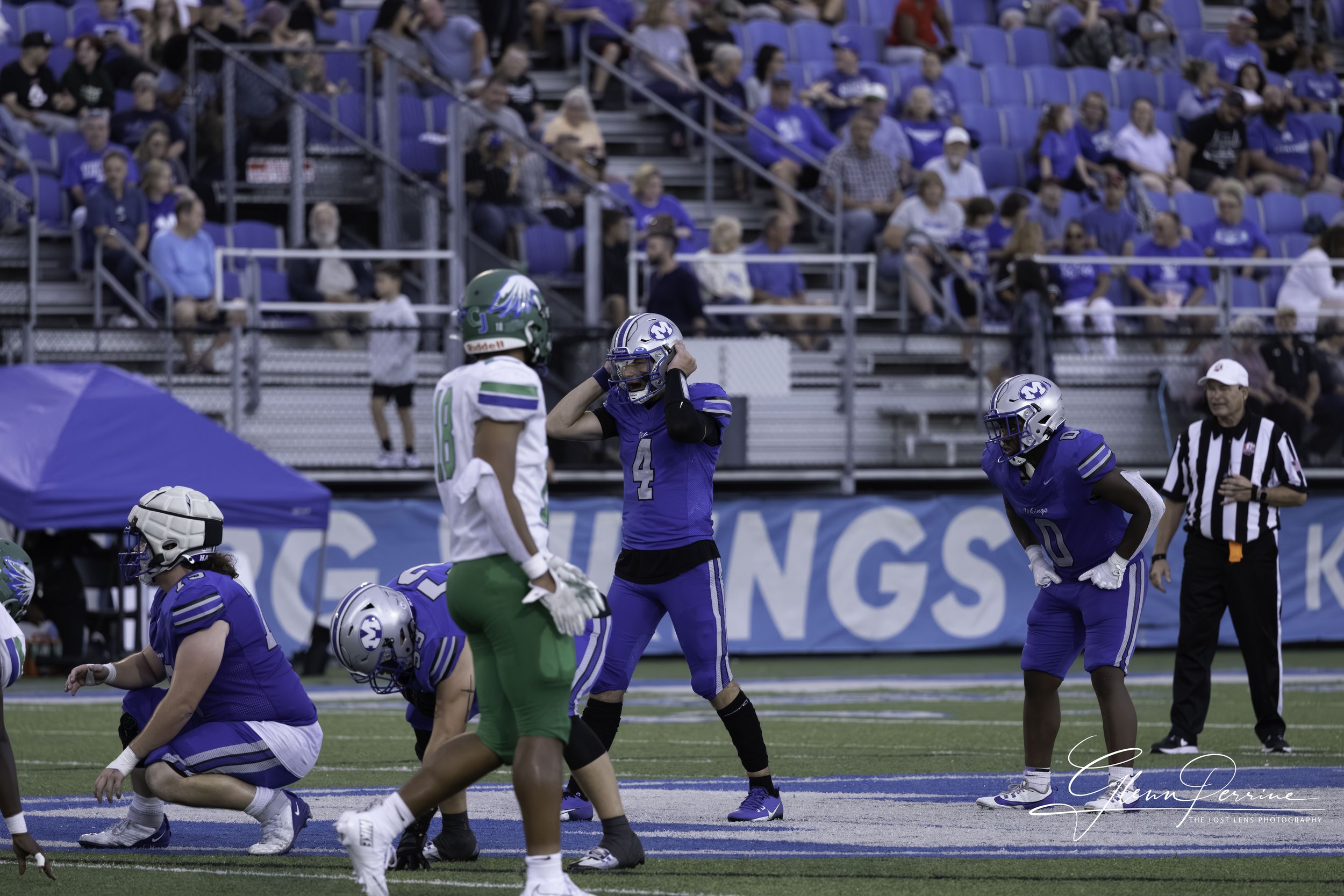 A football game in progress with players in blue and green uniforms on the field and spectators in the stands.
