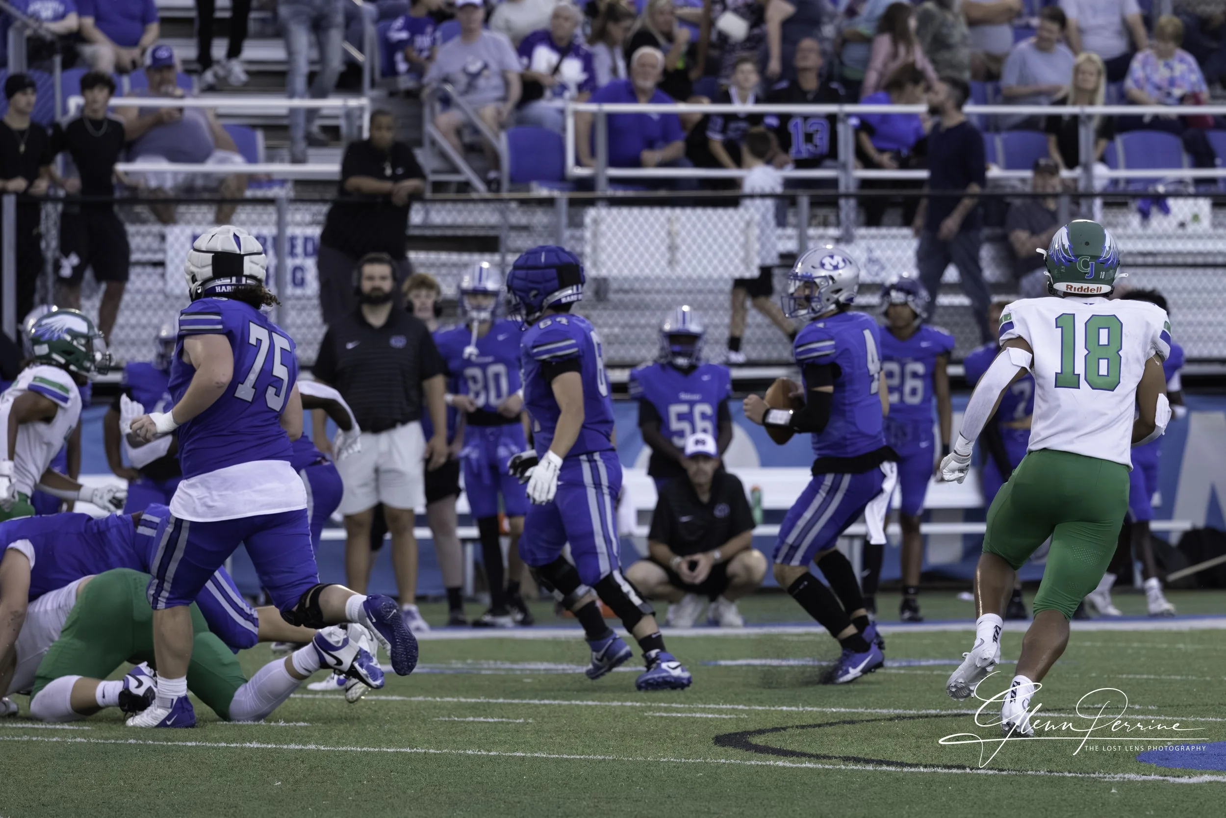 American football game with players in blue and white uniforms on the field, spectators in the stands watching.