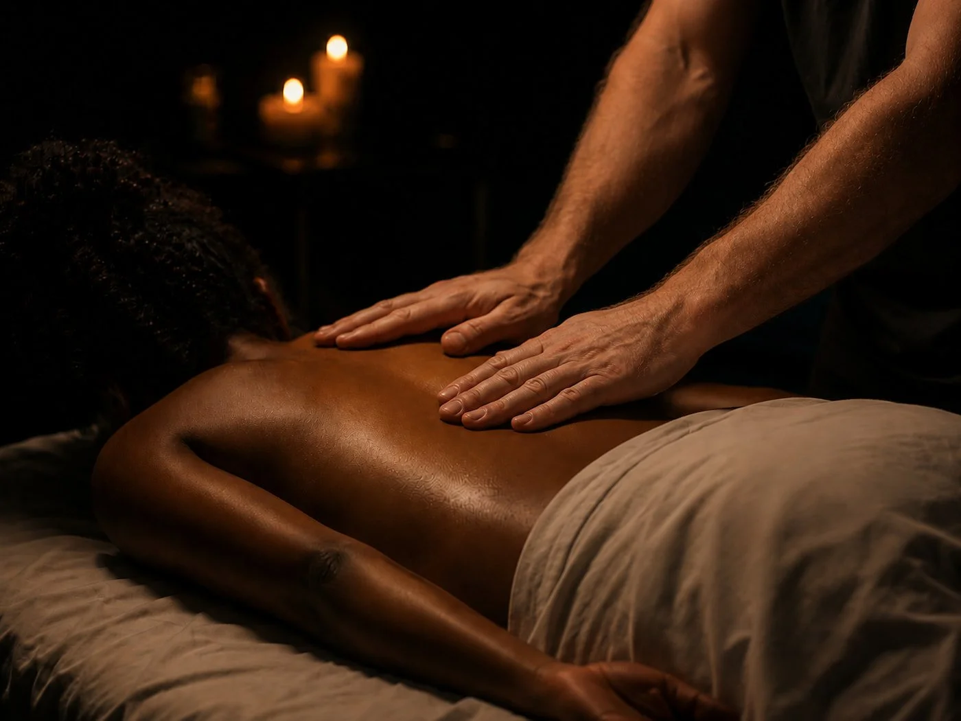 Long gliding stroke down a client's back during a Swedish relaxation massage