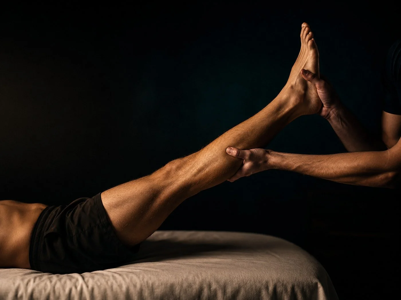 Therapist supporting a client's raised leg during an assisted stretch