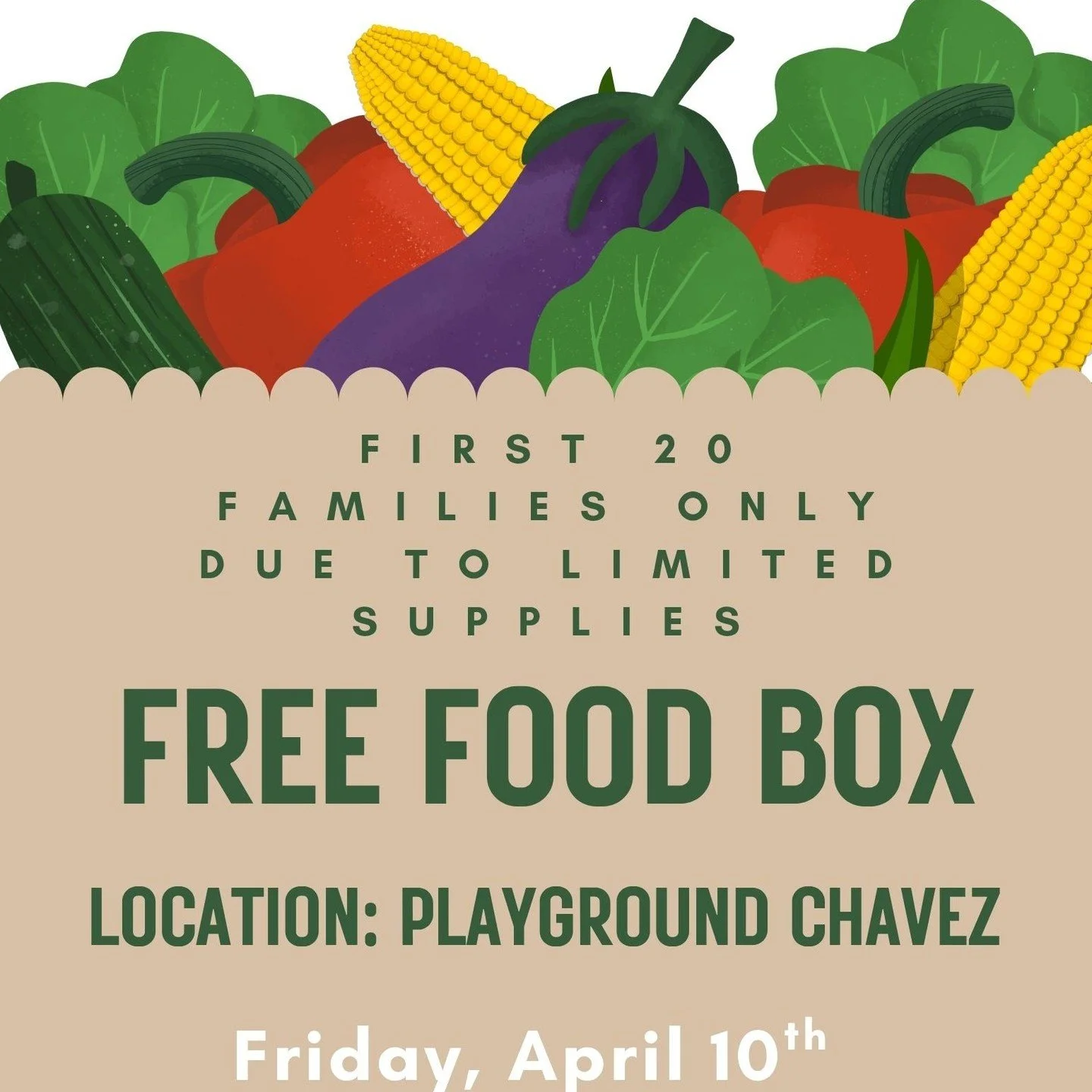 THIS FRIDAY, APRIL 10TH! 

Perishable food box distribution&nbsp;
Friday, April 10, 3:30-4:30p, or until boxes run out
All Cesar Chavez families are welcome!&nbsp;
Pick up at the East entrance near the cafeteria
----
Distribuci&oacute;n de cajas de a