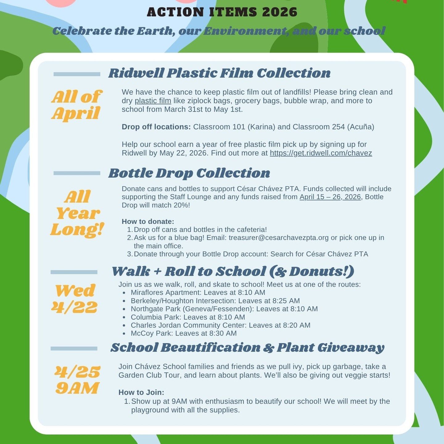 It's Earth Month!

Ridwell Plastic Film Collection
We have the chance to keep plastic film out of landfills! Please bring clean and dry plastic film like ziplock bags, grocery bags, bubble wrap, and more to school from March 31st to May 1st.

Drop of