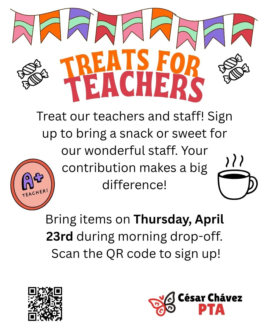 Treats for Teachers THIS Thursday, April 23rd 🥨

Sign up to bring snacks or drinks for our amazing staff. We'd love to load up the teachers lounge with lots of treats for them! Donations will be collected at the front entrance during morning drop of