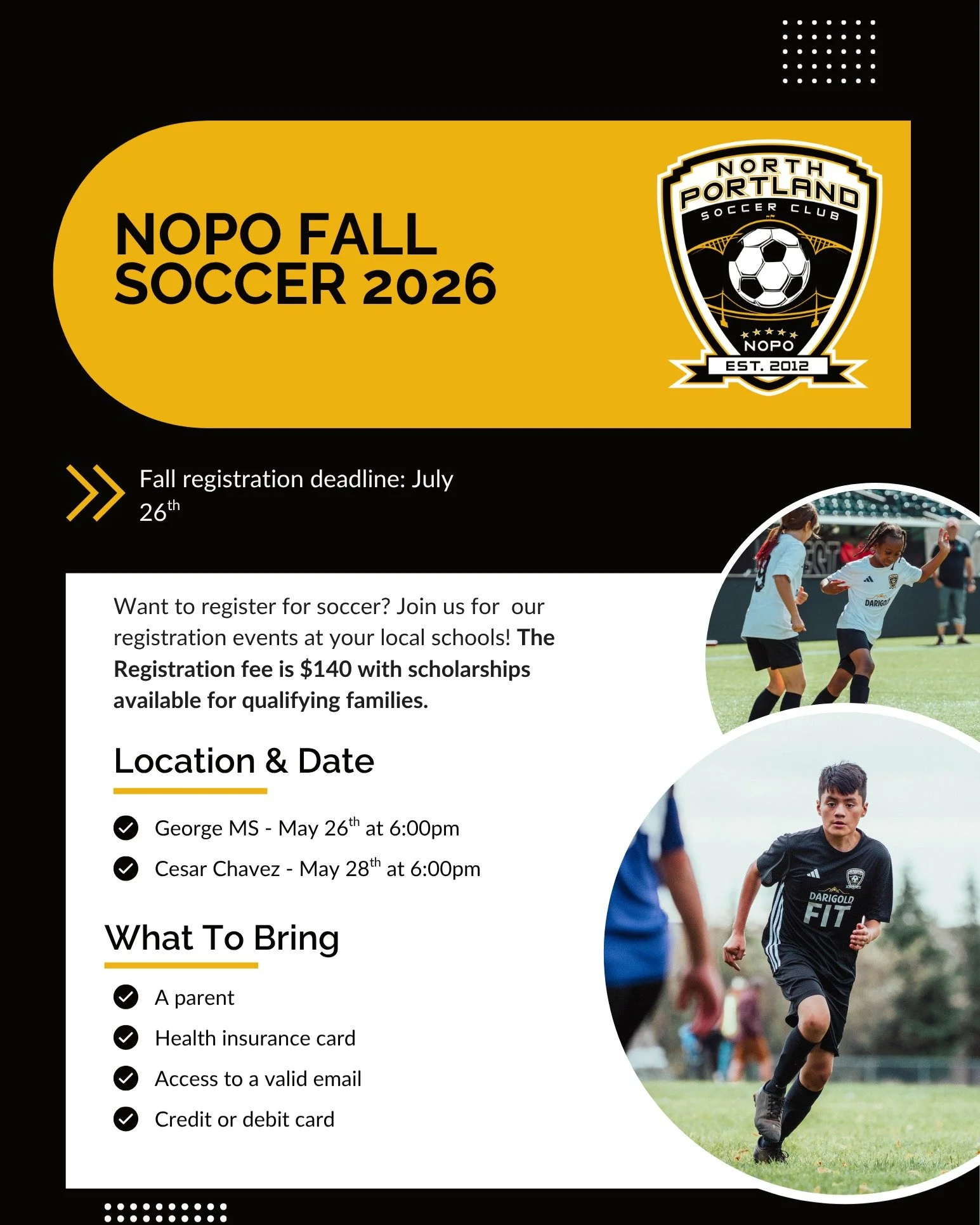 North Portland Soccer Club is teaming up with the Cesar Chavez PTA to host a registration night at the school on Thursday, March 28th from 6-8 p.m. This is a great chance to receive support filling out your registration form and to learn more about s