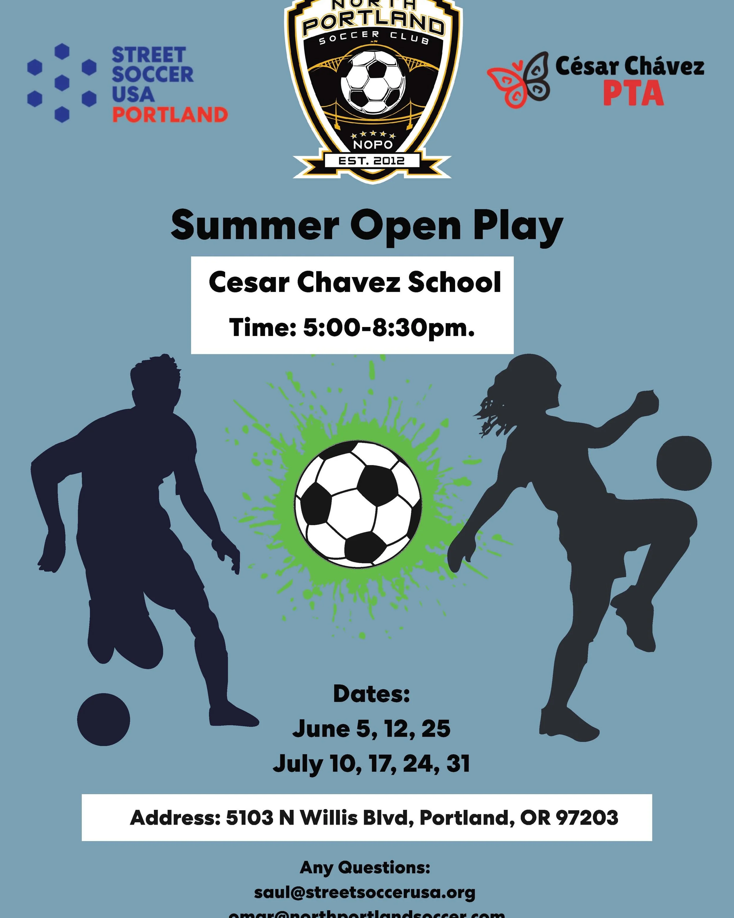 Join Street Soccer, North Portland Soccer Club, and the Cesar Chavez PTA on Friday nights for summer open play on our futsal courts.

June 5, 12, and 25
July 10, 17, 24, 31

Come play and have fun! Open to all community members.