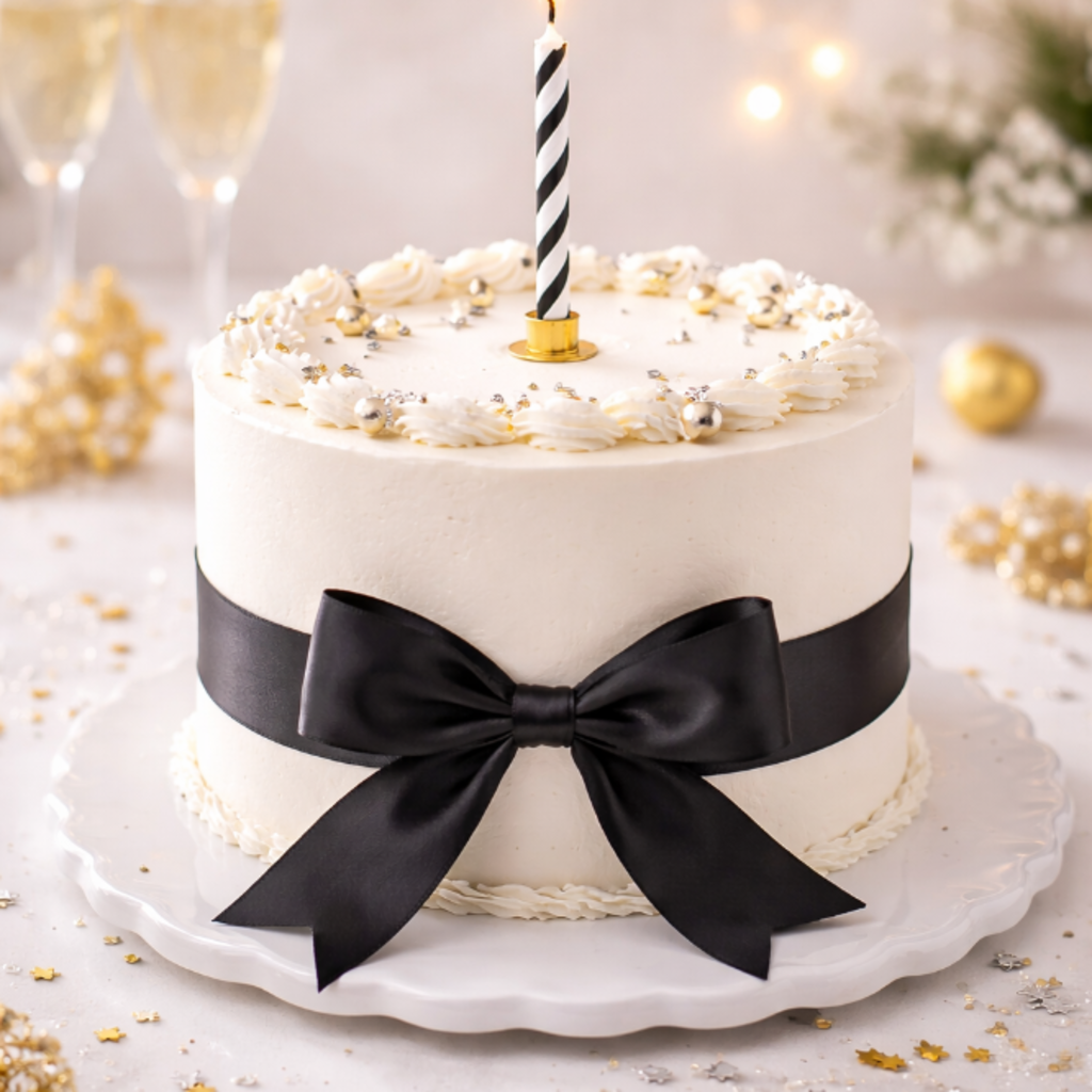 White Birthday Cake with Single Candle, with a black bow wrapped around the cake, at the Luxe Event Center where the Event will be held. The Esteem Spa Lehigh Valley Boxtox - Events  MedSpa Near Me