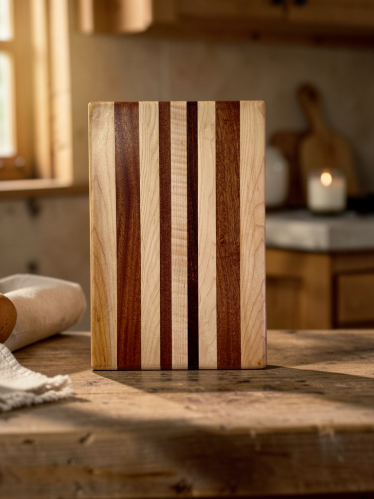 Figured maple edge board with mahogany stripes and curly maple center strip