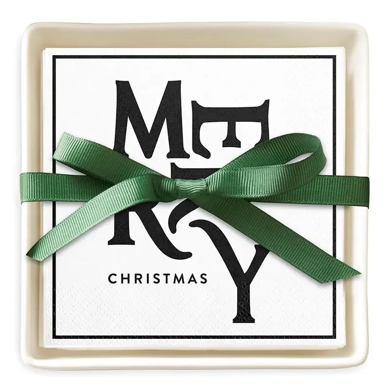 White Ceramic Napkin Holder with Holiday Napkins