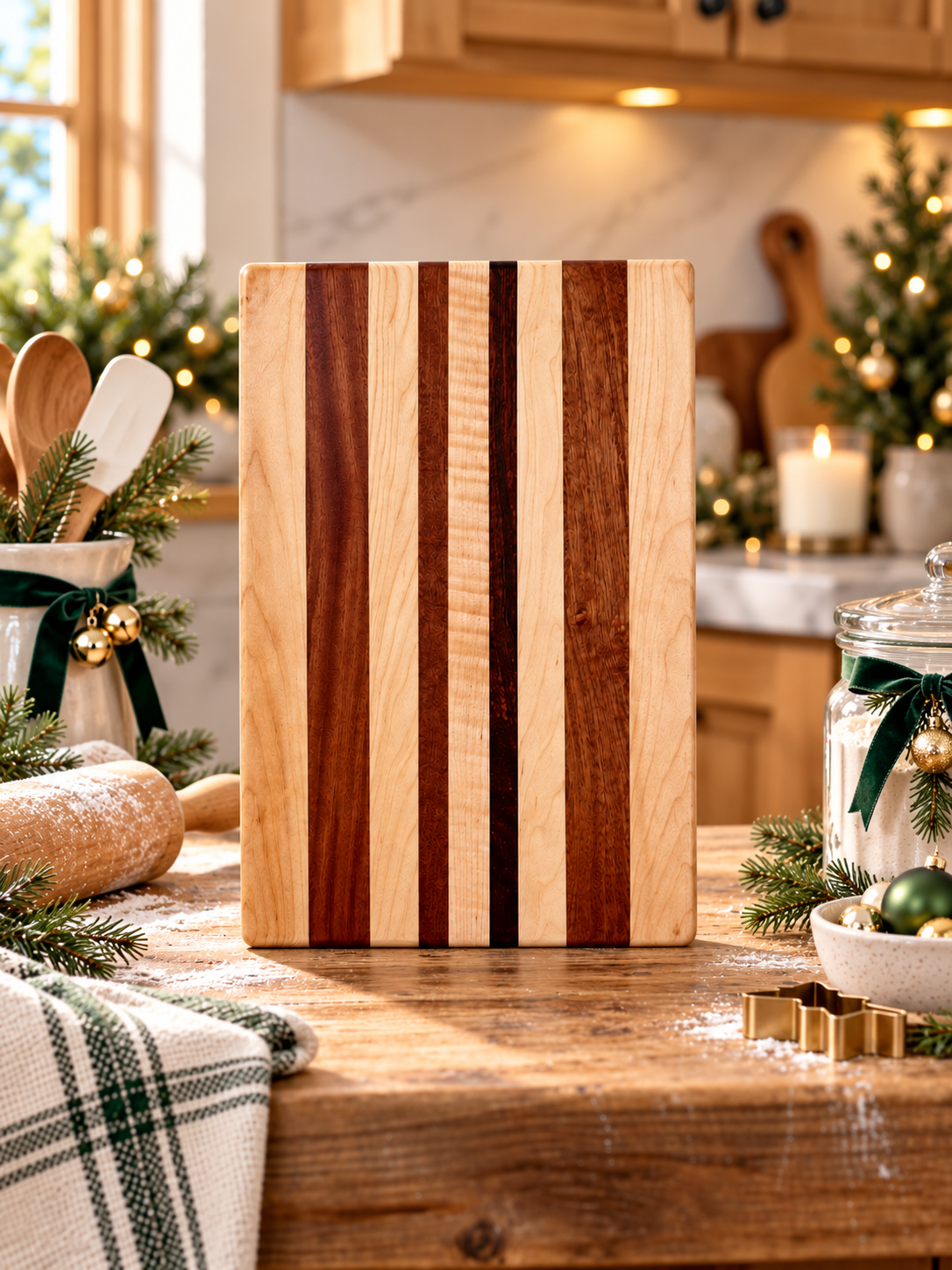 Figured maple edge board with mahogany stripes and curly maple center strip