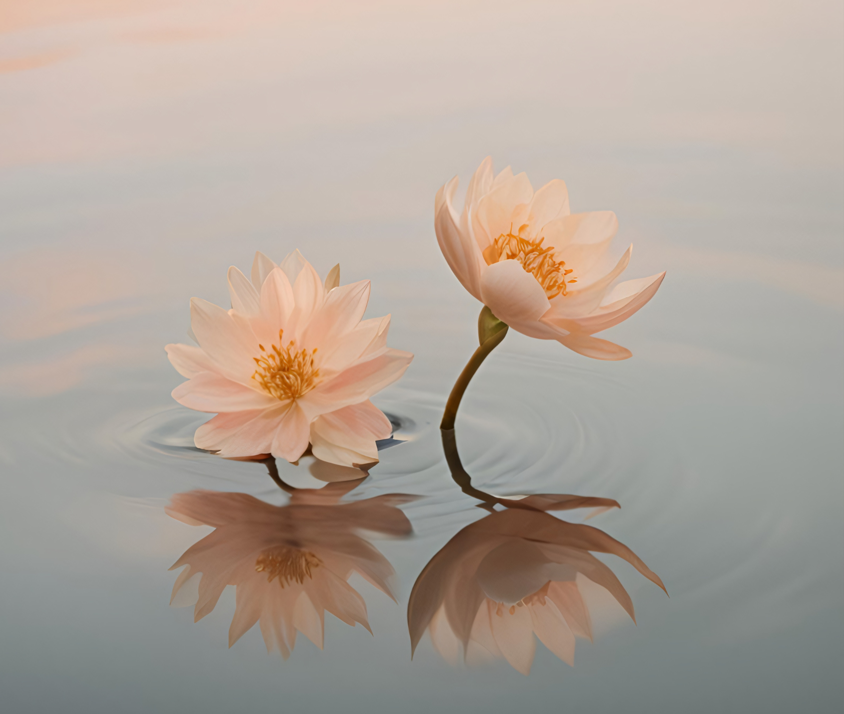 Two pale pink water lilies floating on a calm body of water, with their reflections visible below.