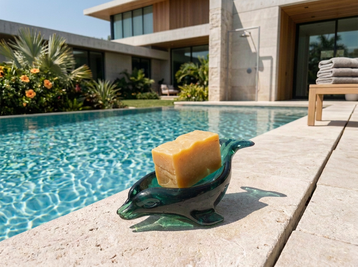 Porte-savon artisanal en résine en forme de dauphin tenant un savon fait main, au bord d'une piscine