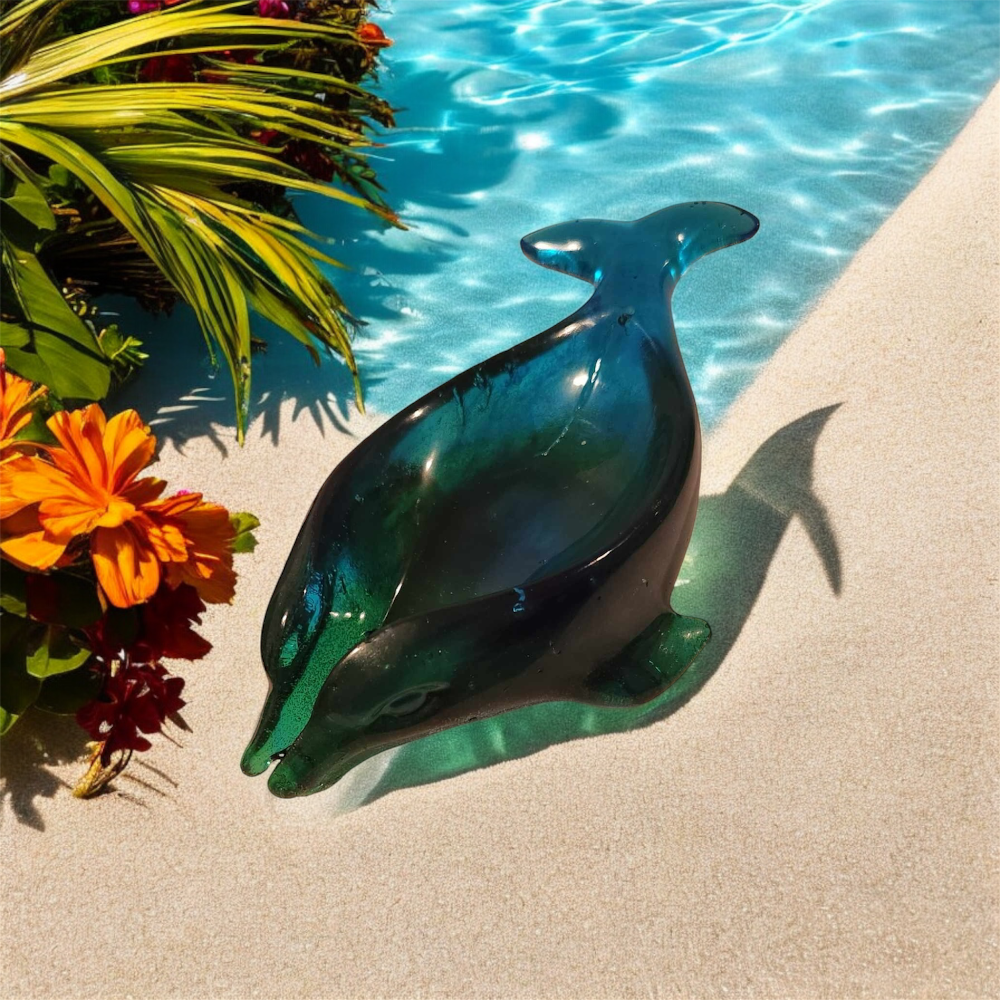 Figure en verre en forme de dauphin posée sur le sable près d'une piscine avec des fleurs tropicales colorées autour.