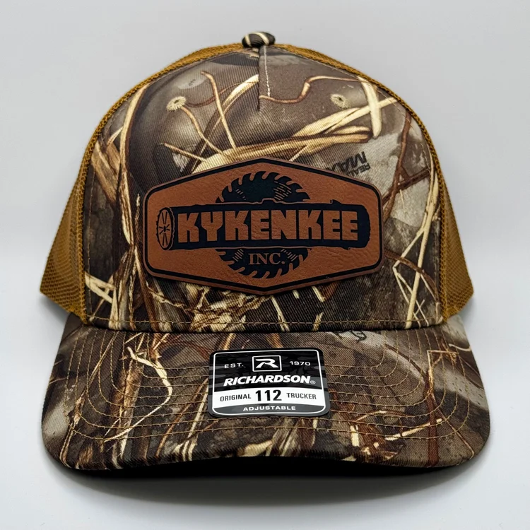 Richardson 112PFP Realtree Max-7 camo trucker cap with Kykenkee rawhide leatherette logo patch