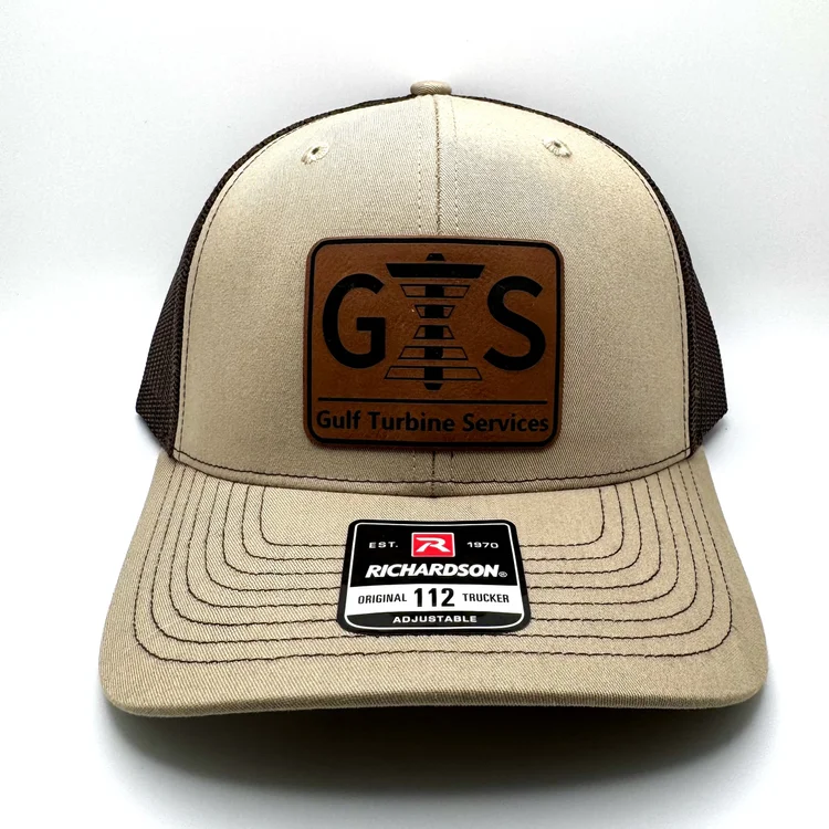 GTS khaki and coffee patch hat with custom engraved company logo