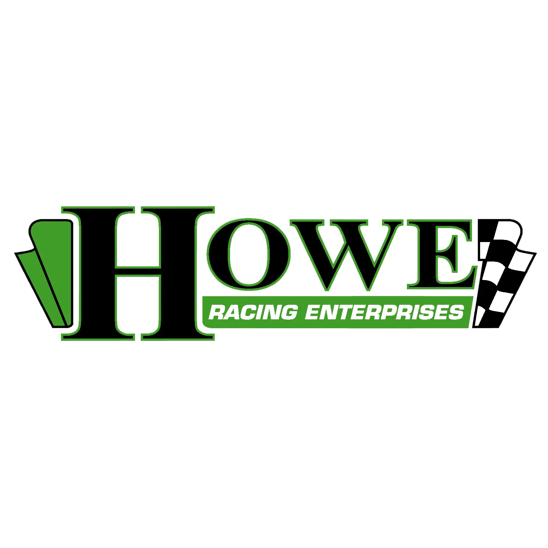 Logo for Howe Racing Enterprises with black, green, and white colors, featuring a checkered flag design.
