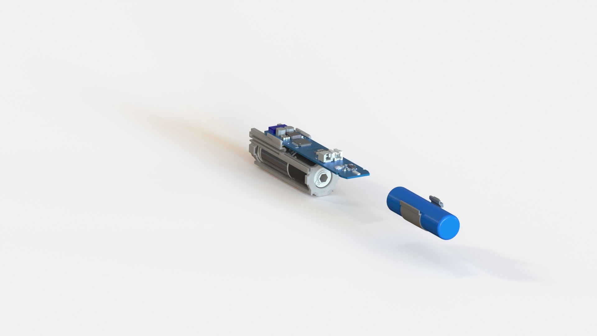 3D model of electronic and mechanical components, including a circuit board and blue cylindrical parts on a white background.